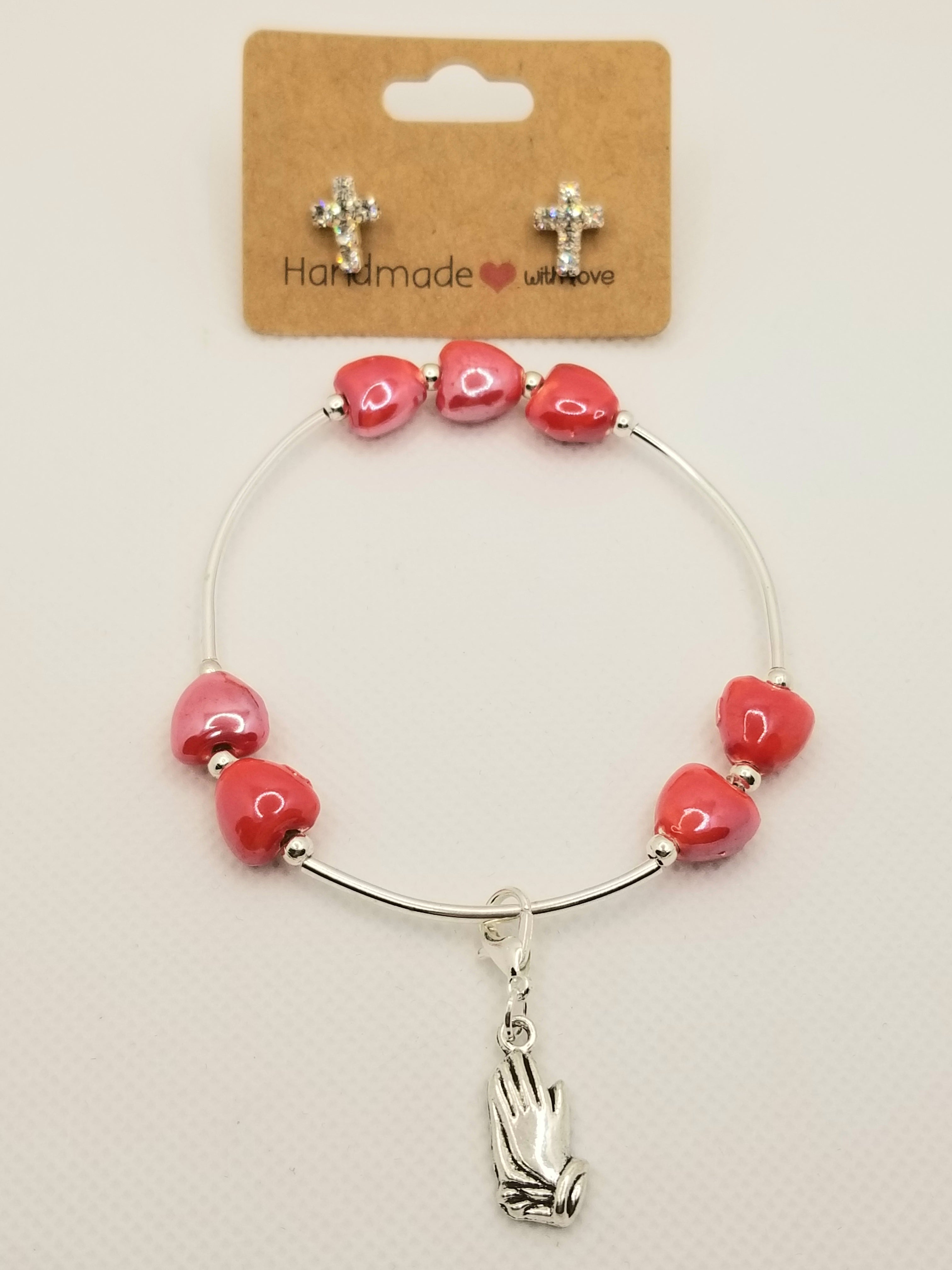 BUNDLE: Glistening Red Hearts Bracelet & Cross Earrings (Faith-based)