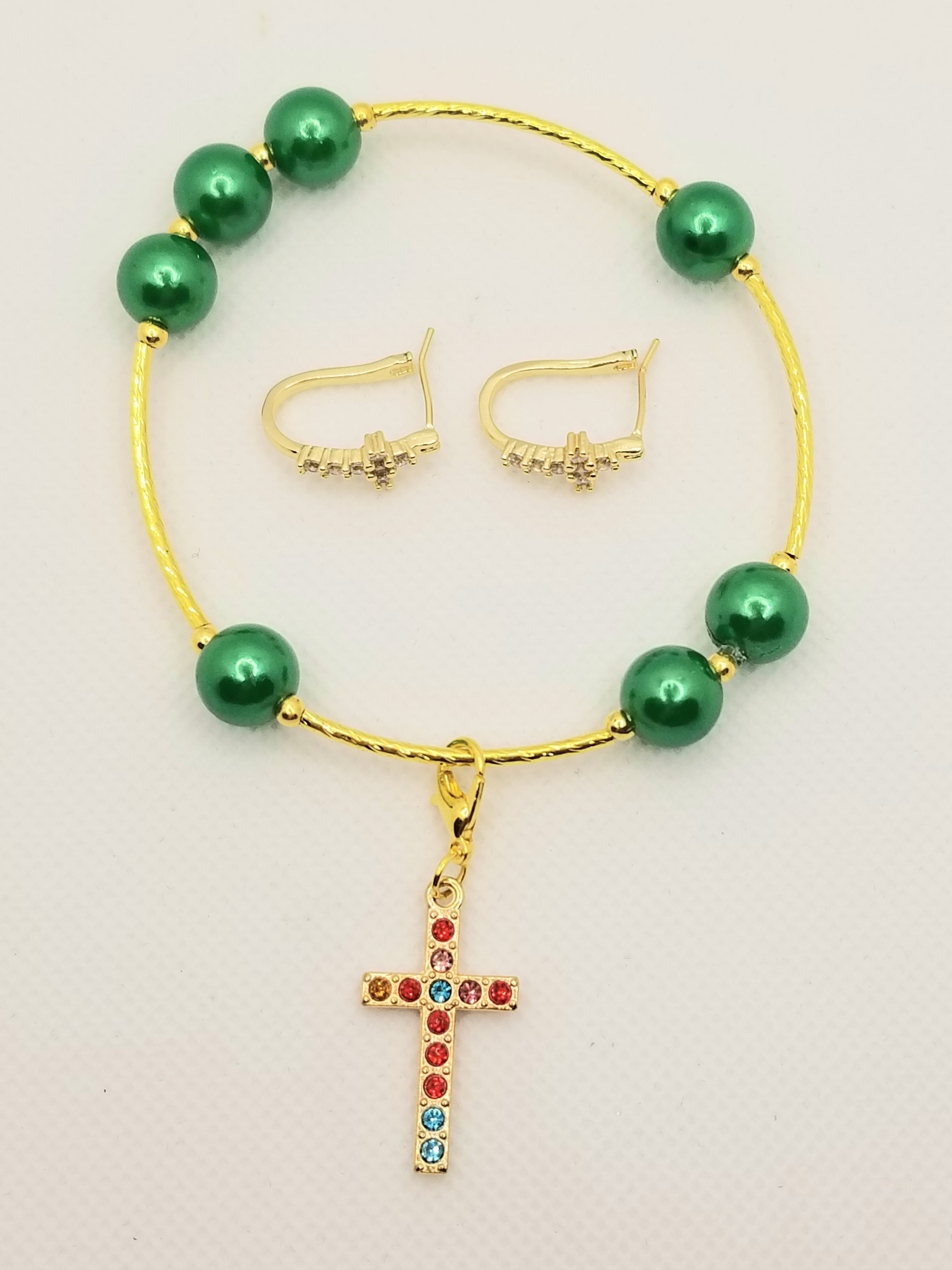 BUNDLE: Cozy Chic Kelly Green Bracelet & Cross Earrings (Faith-based)