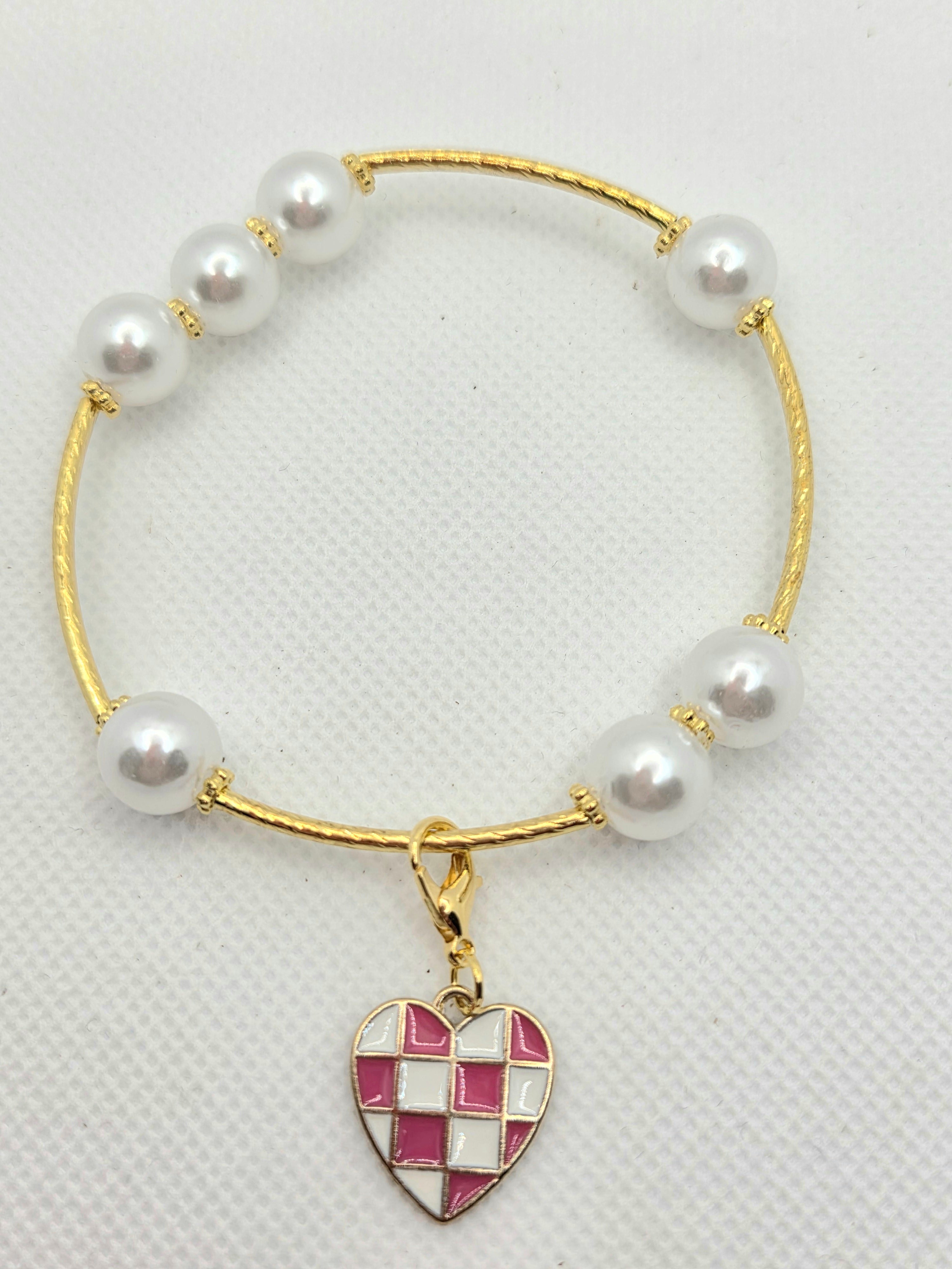 BUNDLE: Pearls & Checkered Heart Bracelet & Earrings (Faith-based)