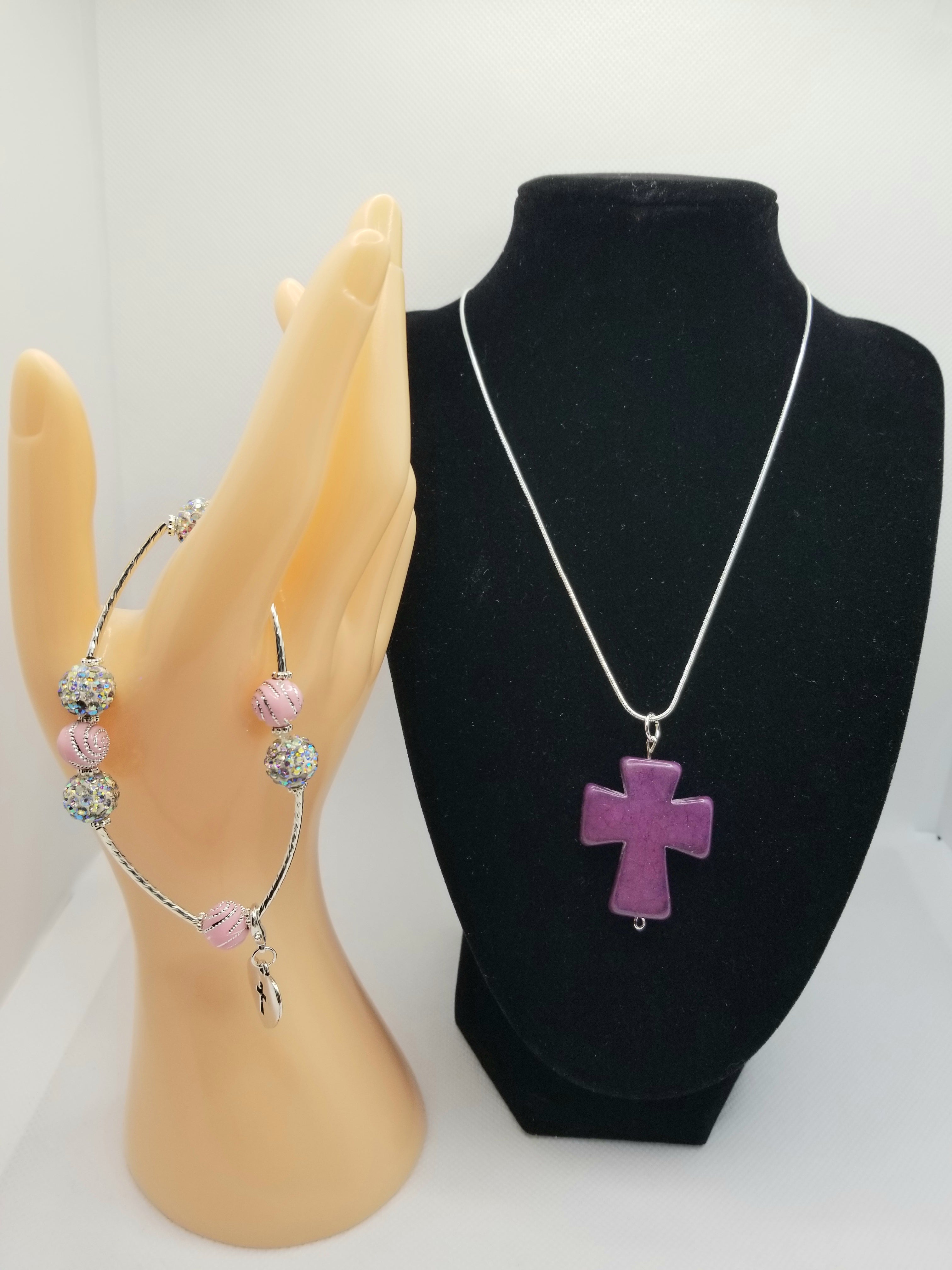 BUNDLE: Pink & Purple Bedazzled Bracelet & Necklace (Faith-based)