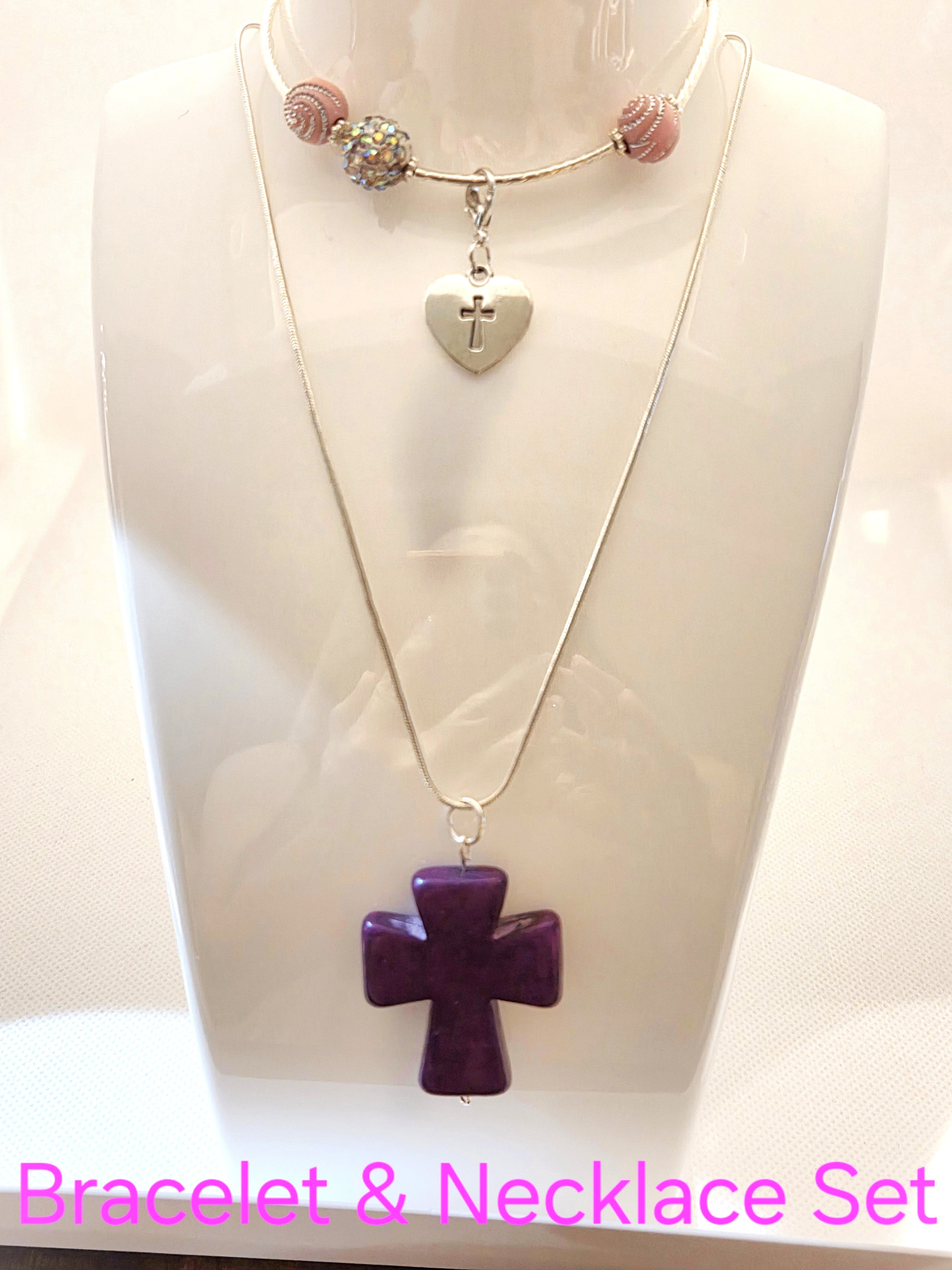 BUNDLE: Pink & Purple Bedazzled Bracelet & Necklace (Faith-based)