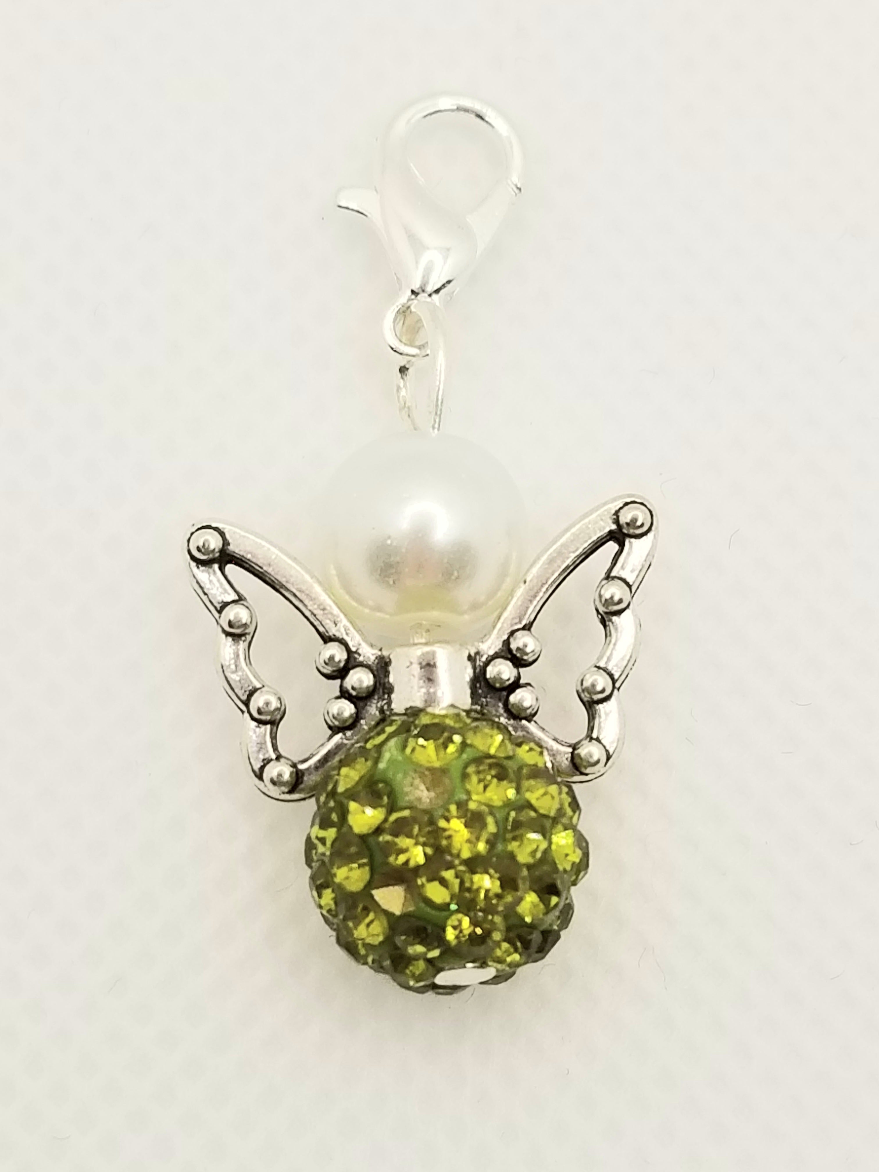 Angel with Faux Pearl and Olive Green Glittery Base Dangle