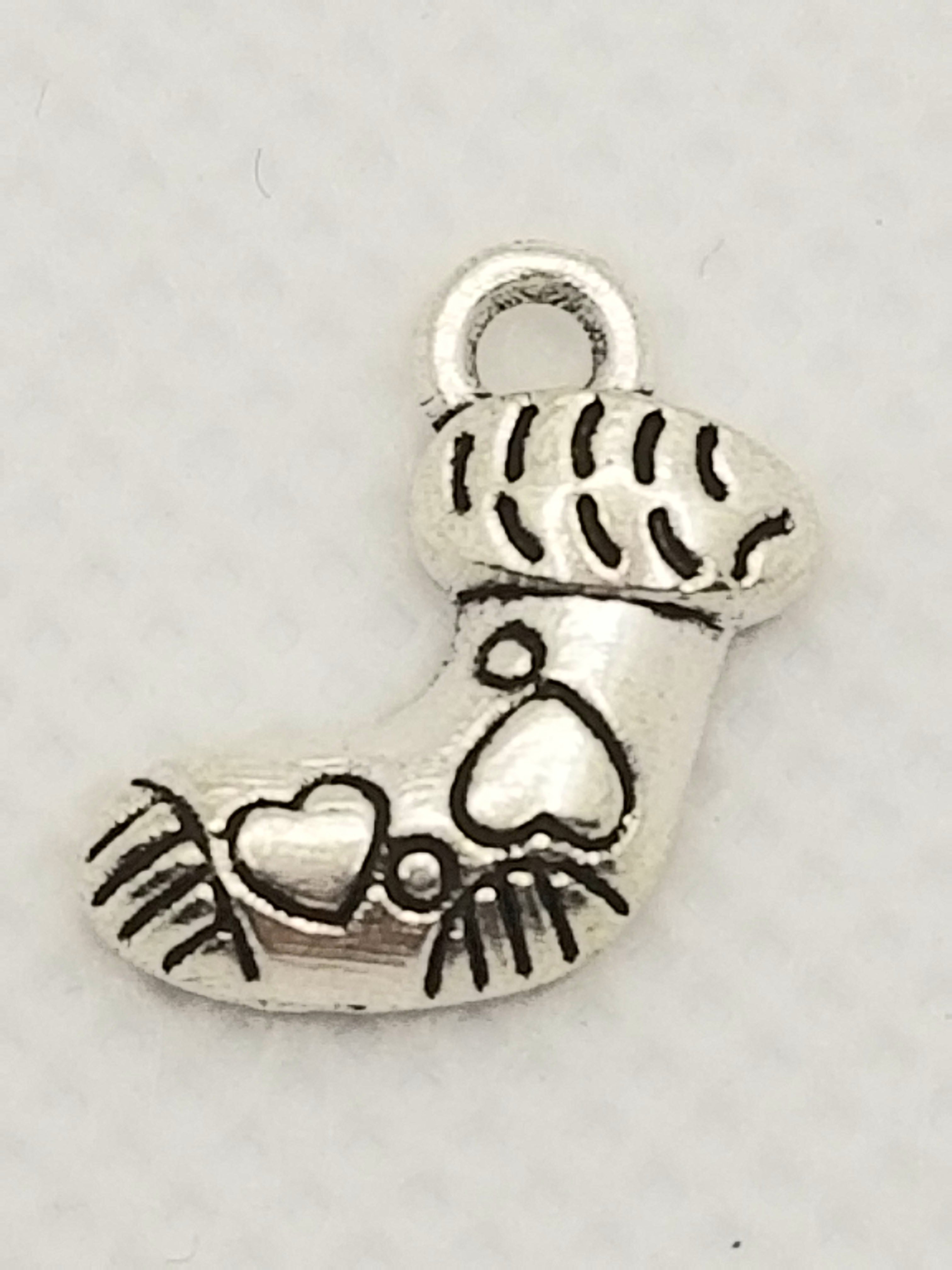 Silver tone Christmas Stocking w/etched hearts Dangle