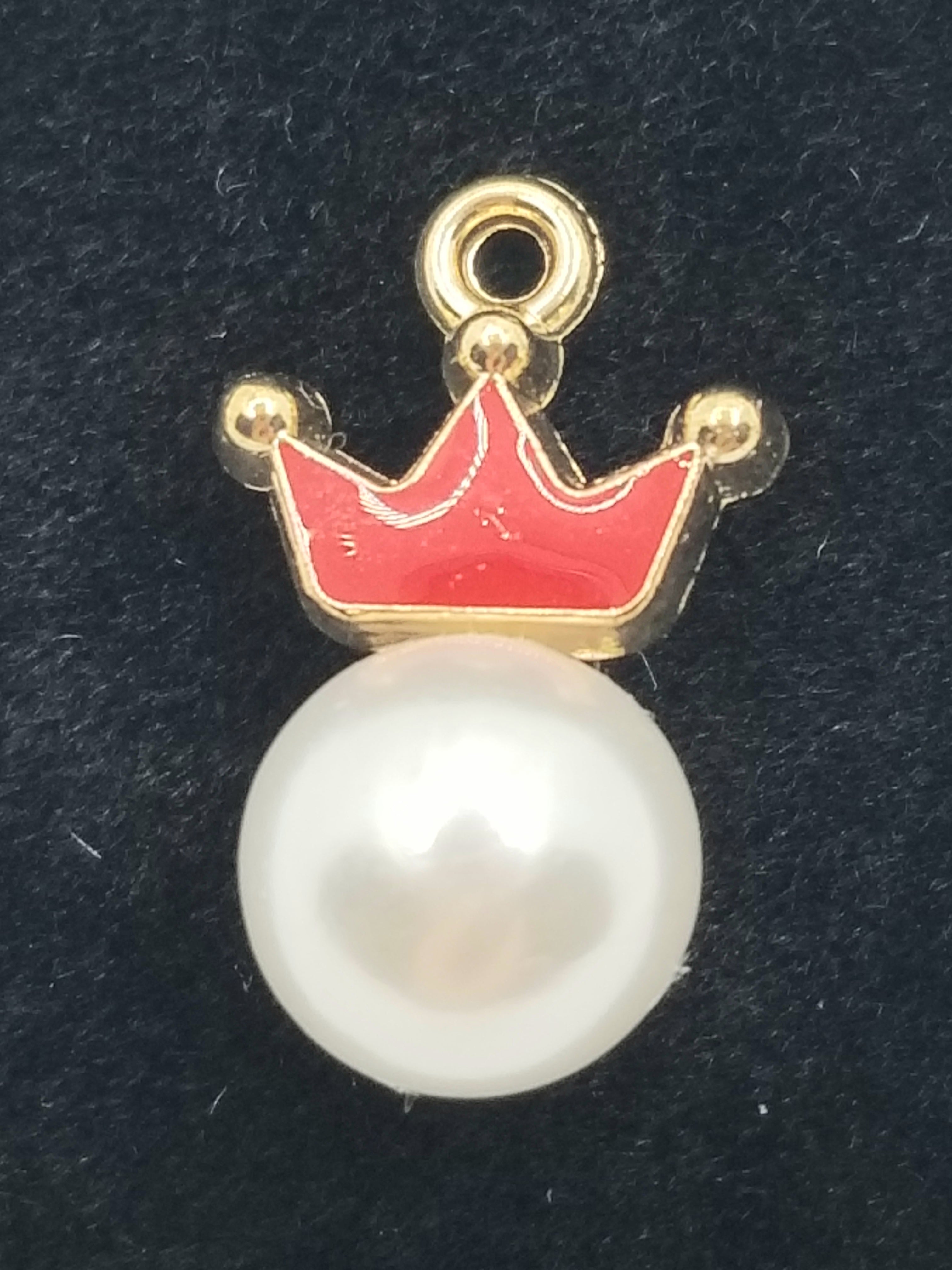 Pearl with Red Gold Tone Royal Crown Dangle