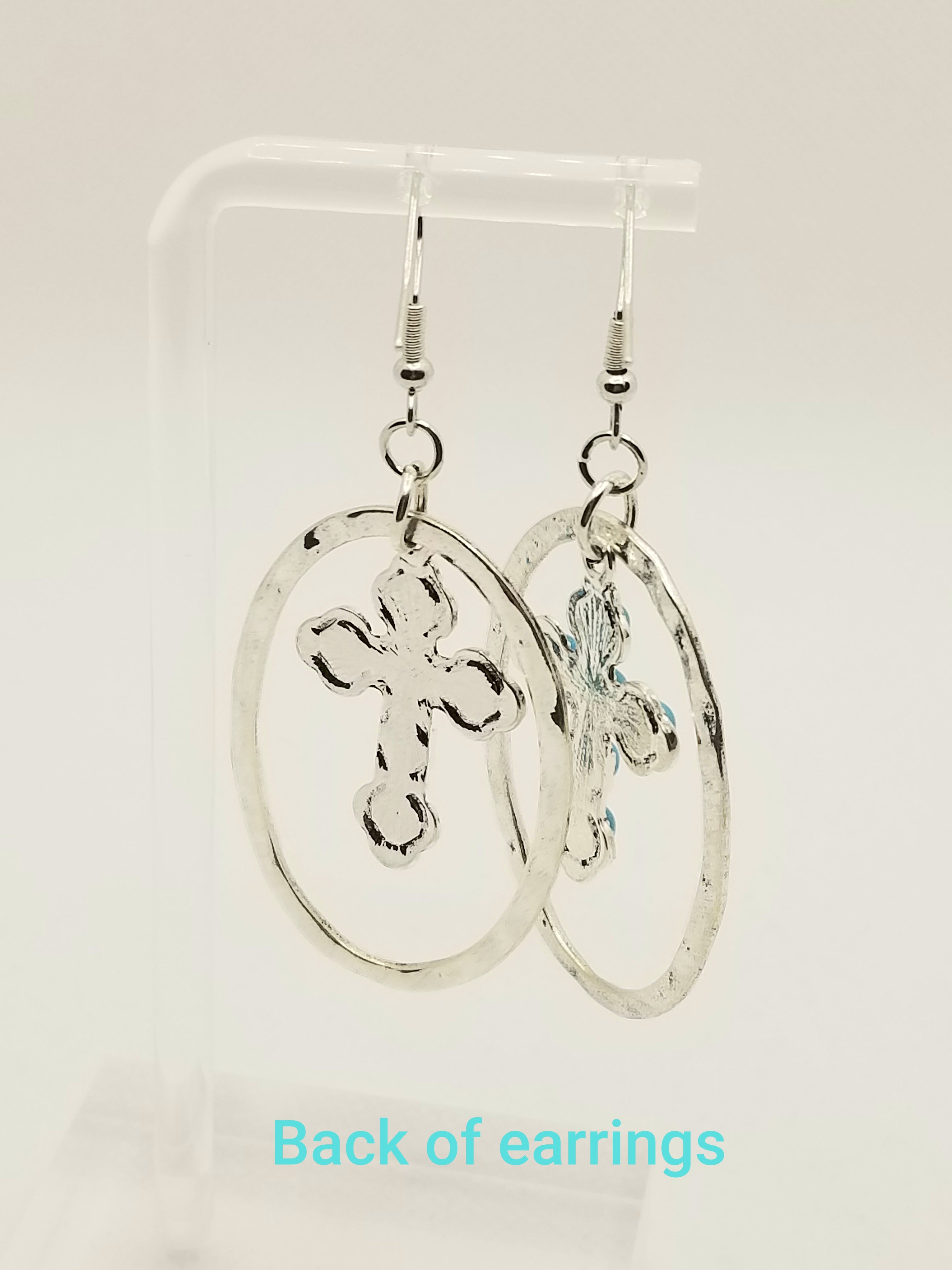 Silver Circle with Hanging Turquoise Cross Earrings (Faith-based)