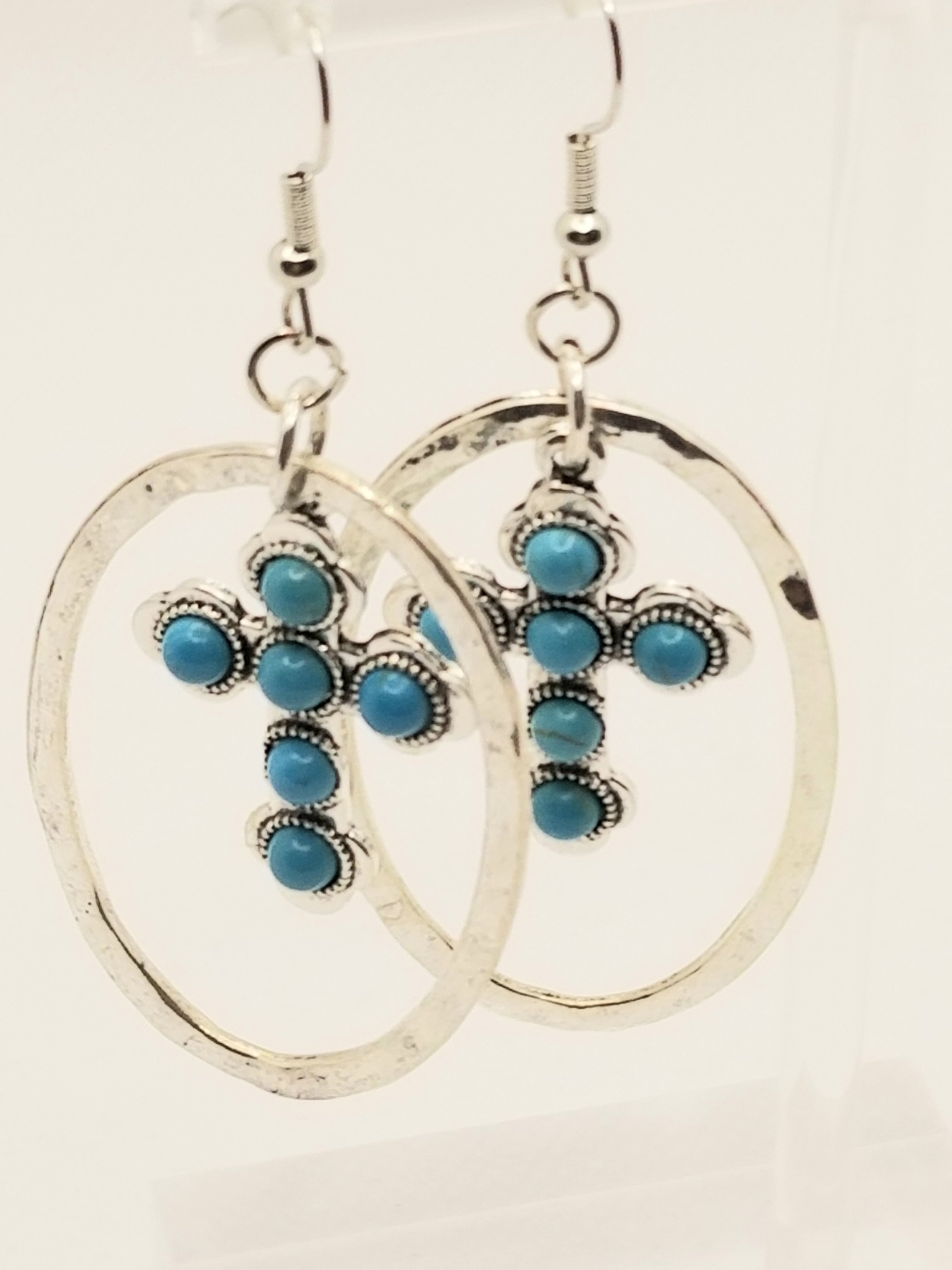 Silver Circle with Hanging Turquoise Cross Earrings (Faith-based)