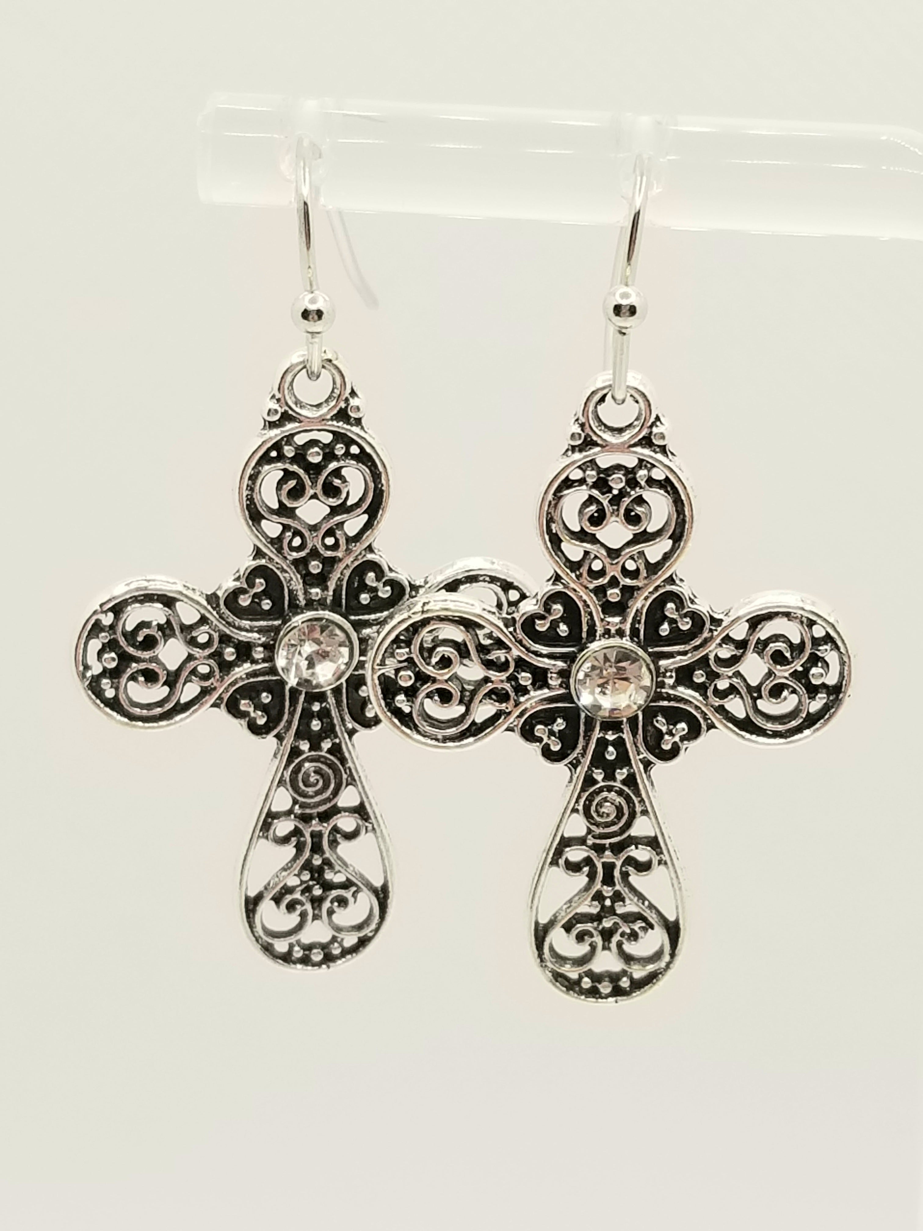 Silver Tone Scalloped Cross Earrings (Faith-based)