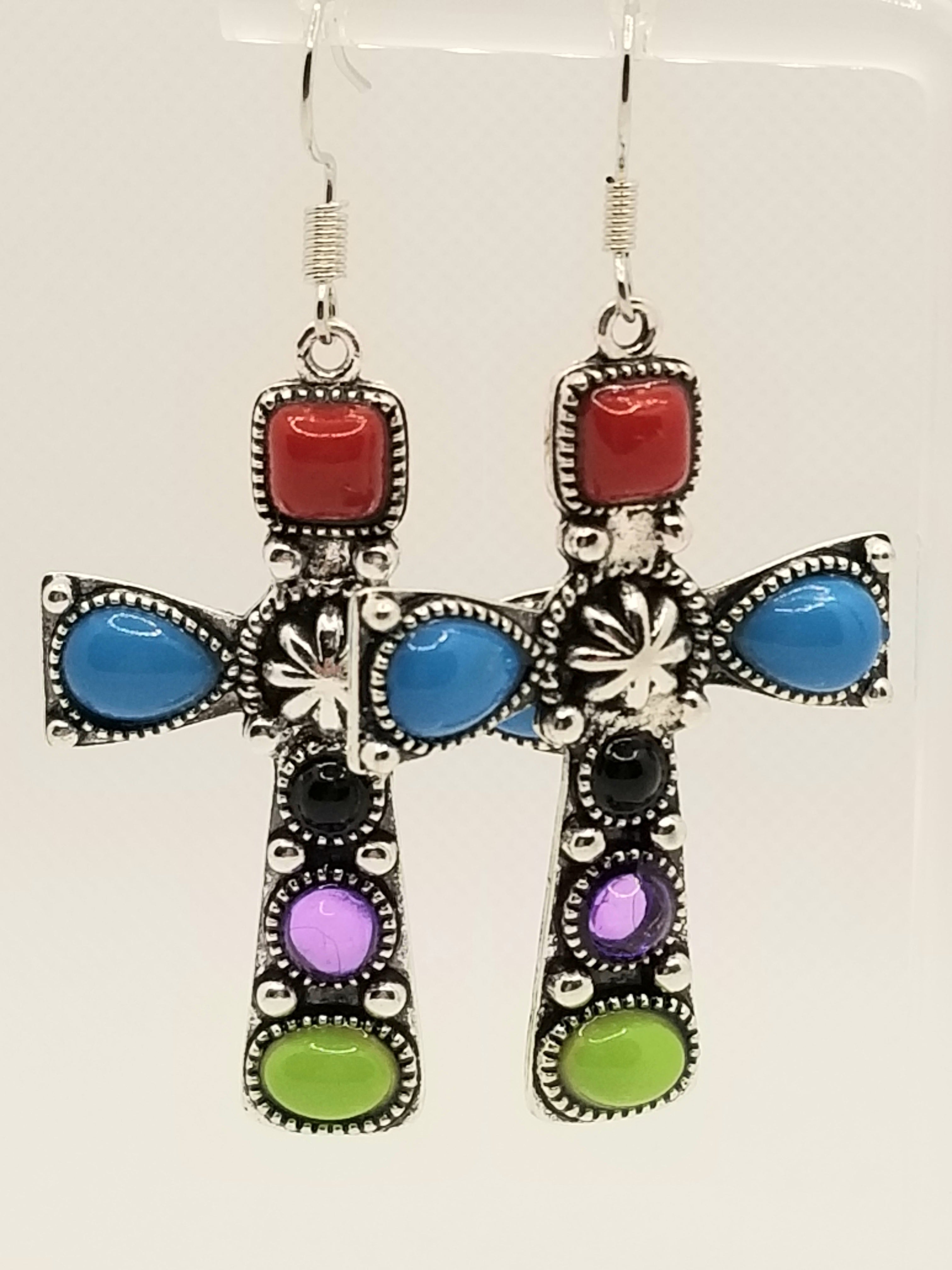 Silver Tone Colorful Cross Earrings (Faith-based)