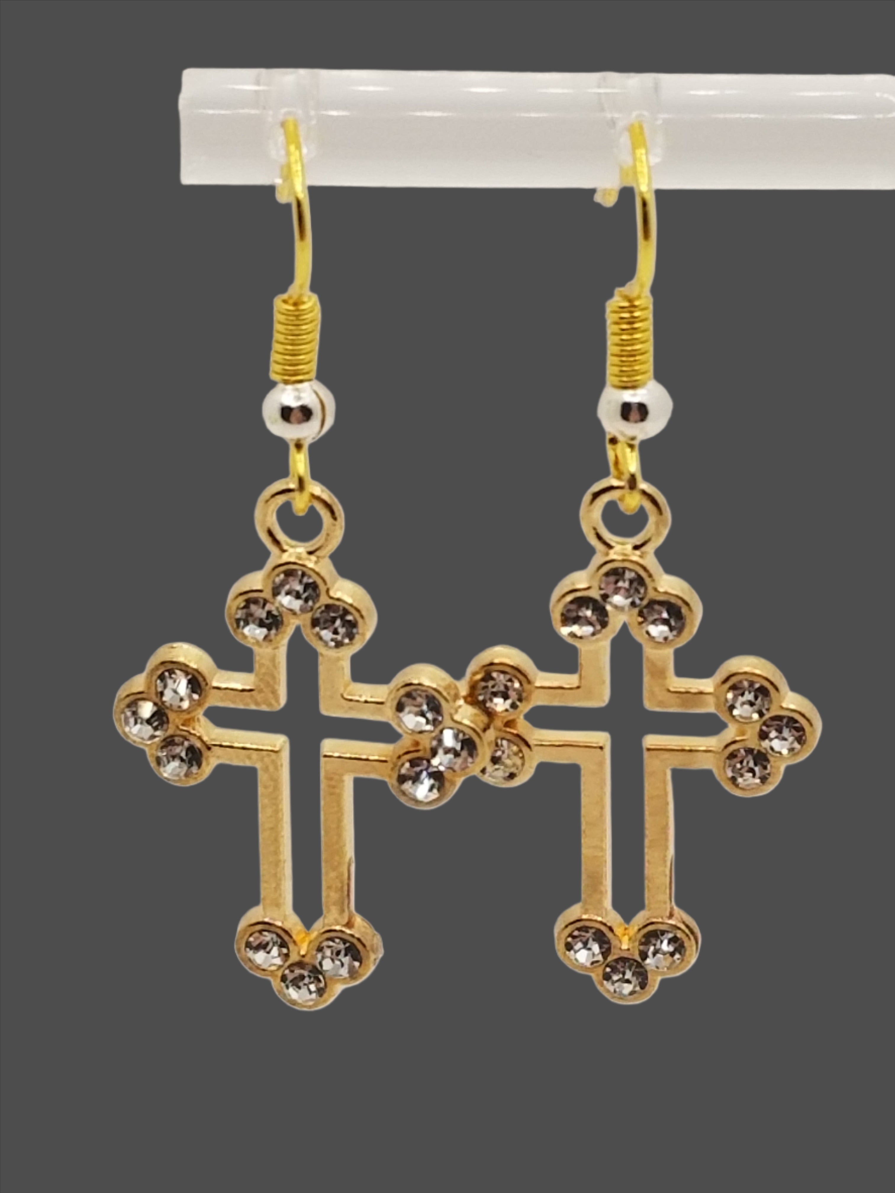 Glittery Gold Tone Scalloped in Rhinestones Cross Earrings (Faith-based)