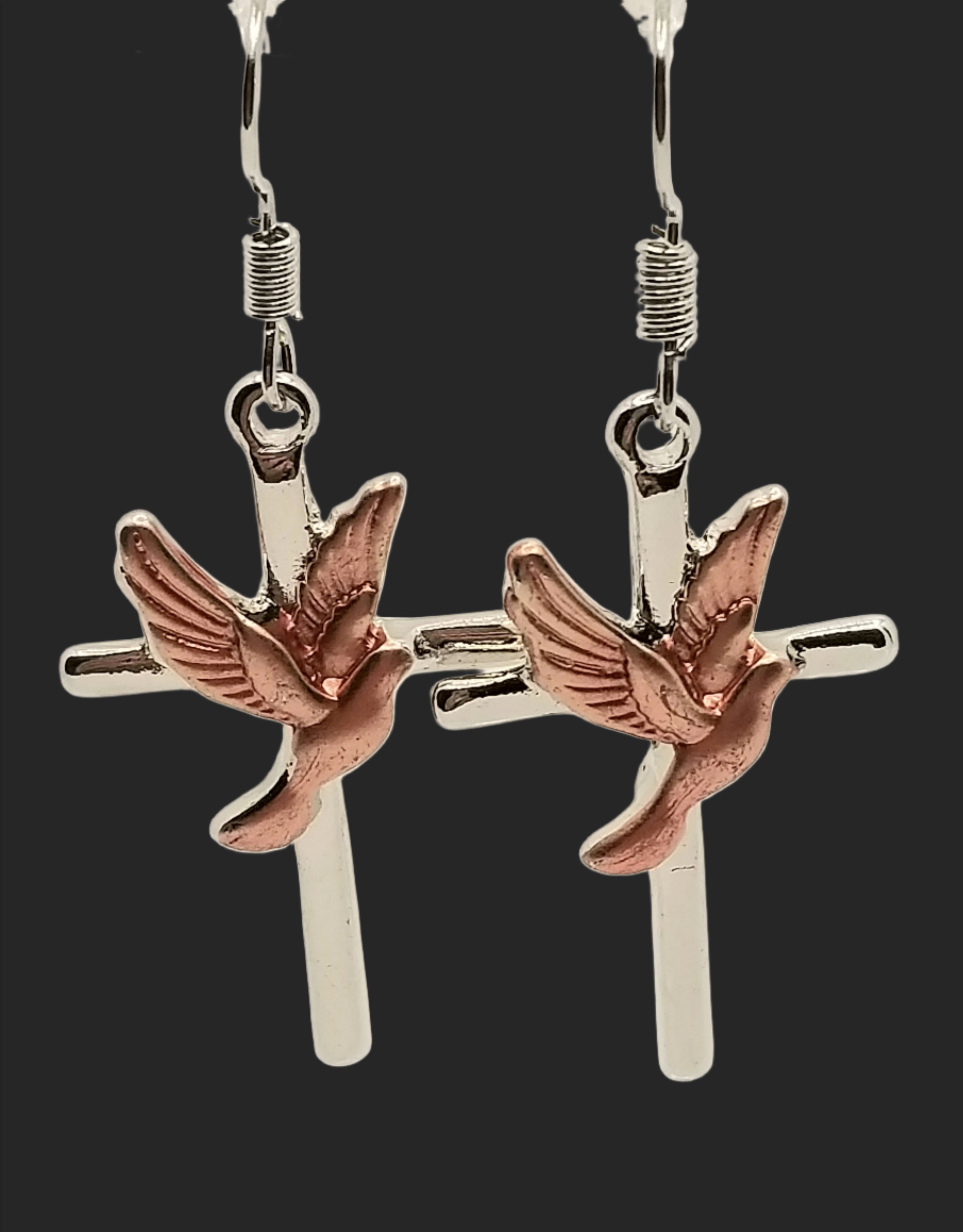 Silver Tone Cross with Rose Gold Tone Dove Earrings (Faith-based)