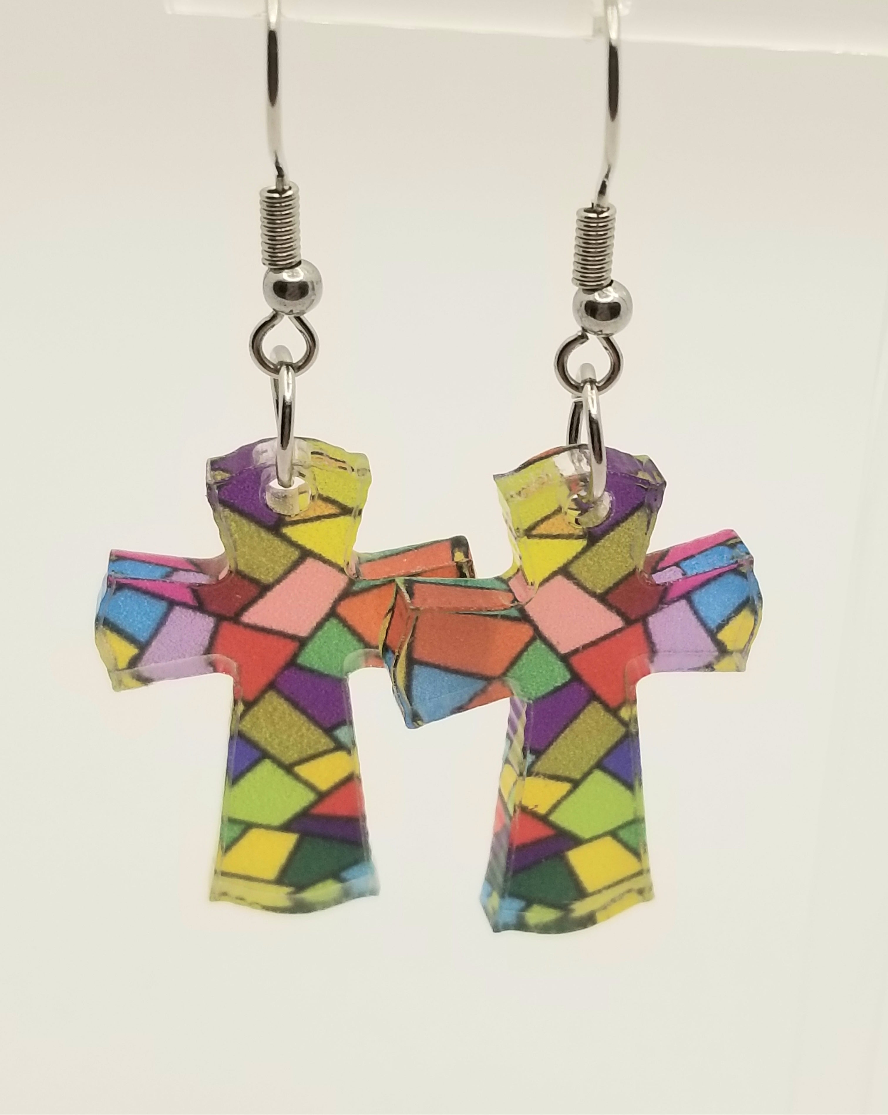 Colorful Stained-Glass Look Cross Earrings (Faith-based)
