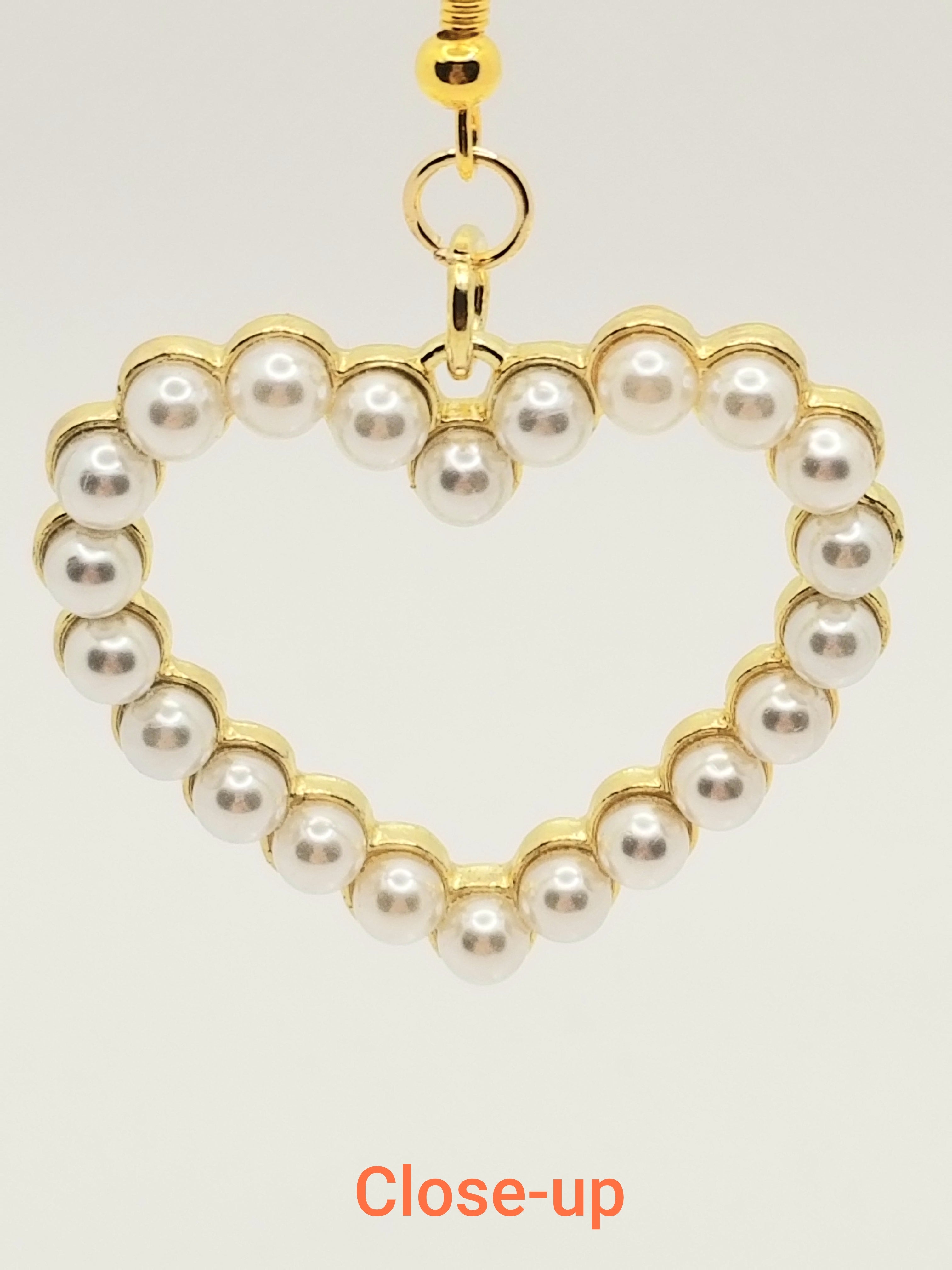Cozy Gold Tone Hearts Covered with White Faux Pearls Earrings (Faith-based)