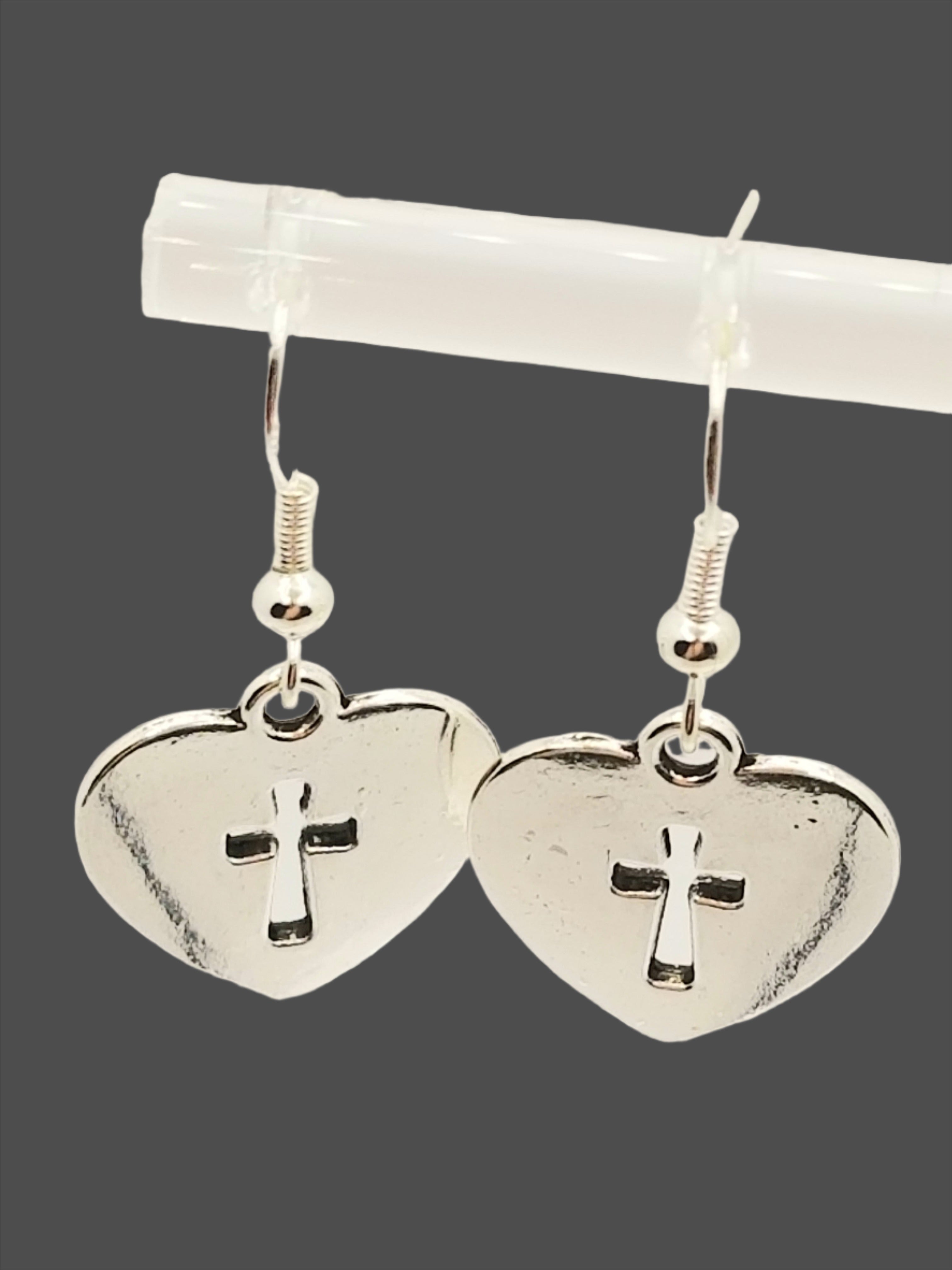Silver Tone Heart with Cross Cutout Earrings (Faith-based)
