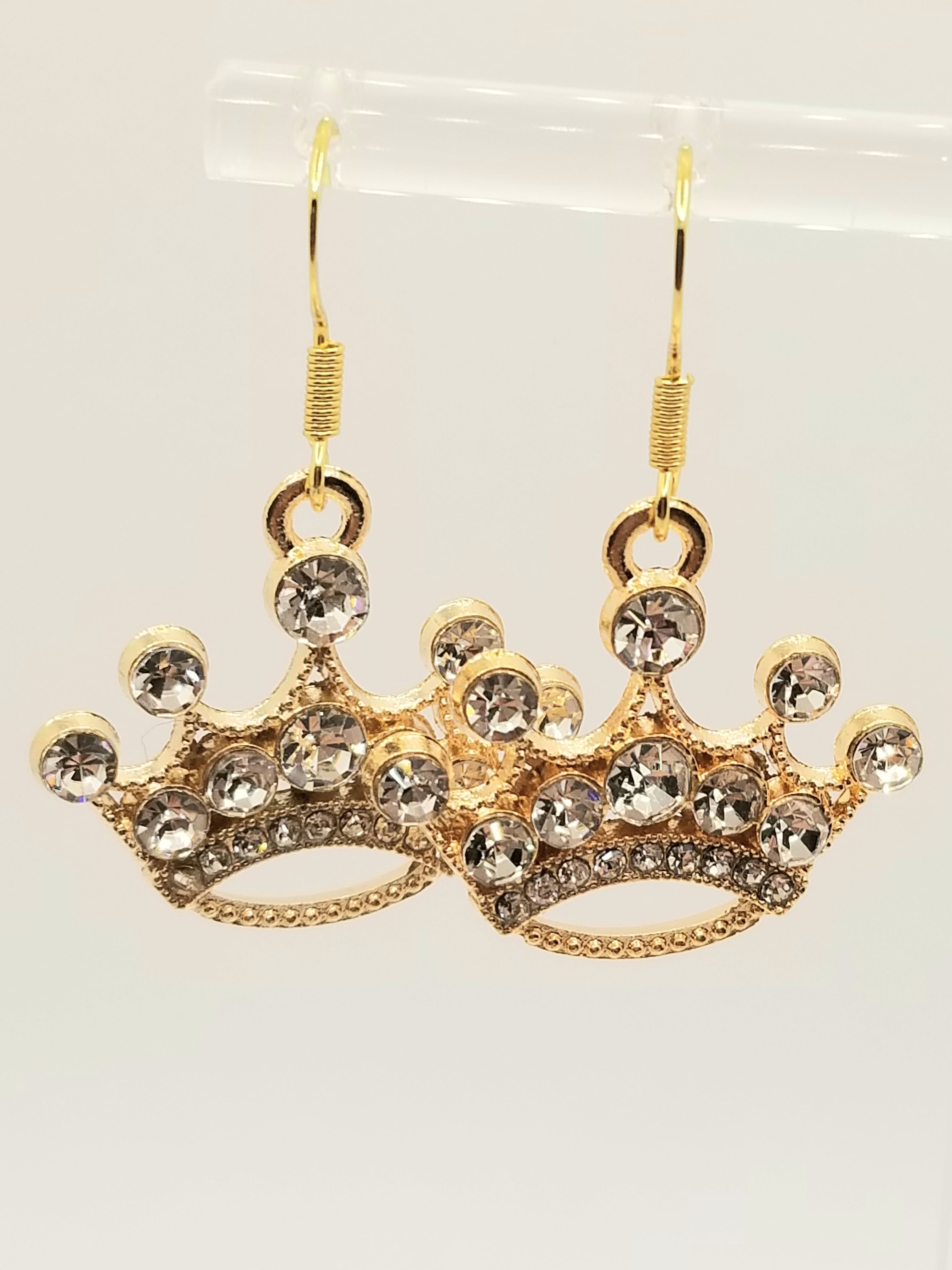Dazzling Gold Tone Royal Crowns Covered with Faux Rhinestones Earrings (Faith-based)