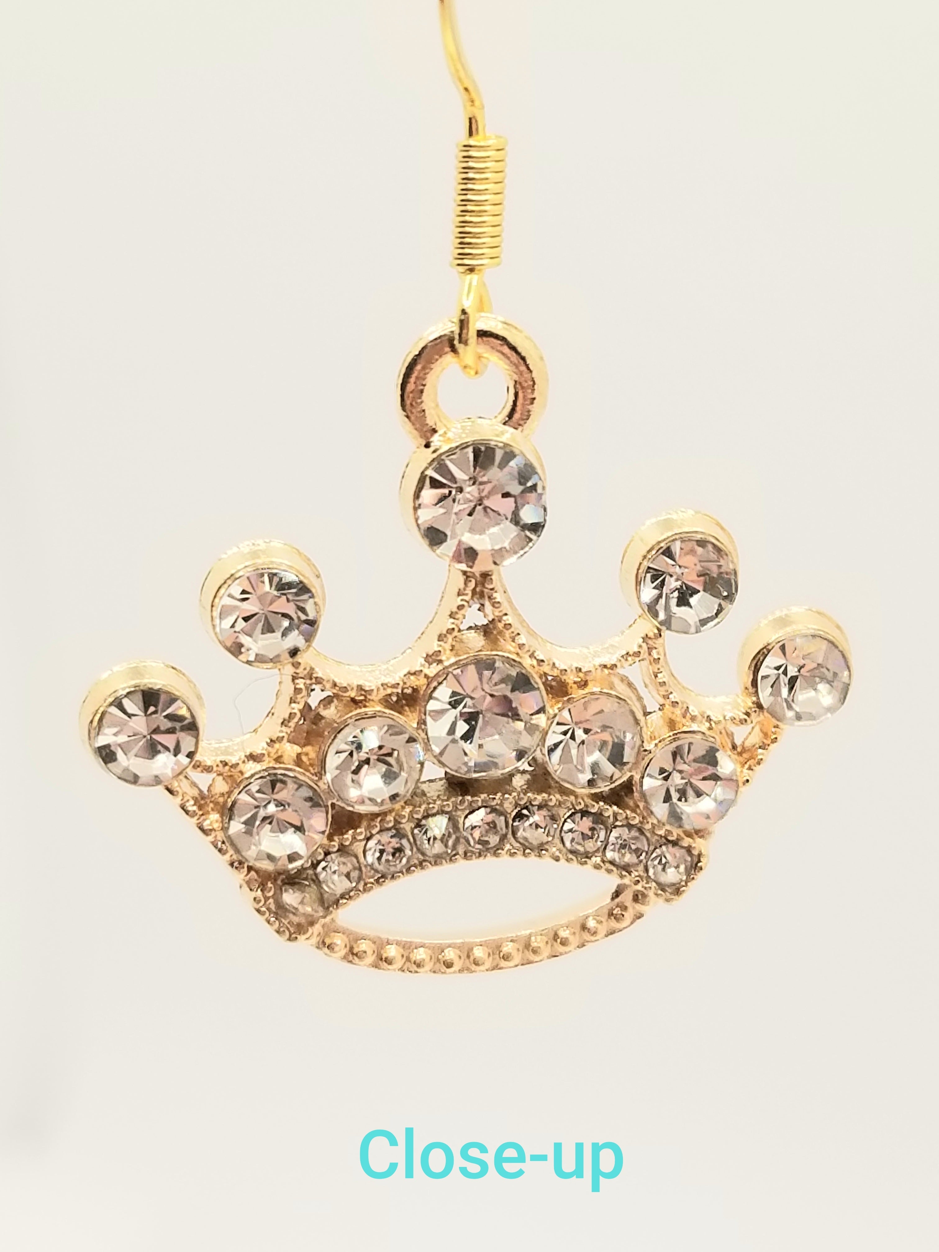 Dazzling Gold Tone Royal Crowns Covered with Faux Rhinestones Earrings (Faith-based)