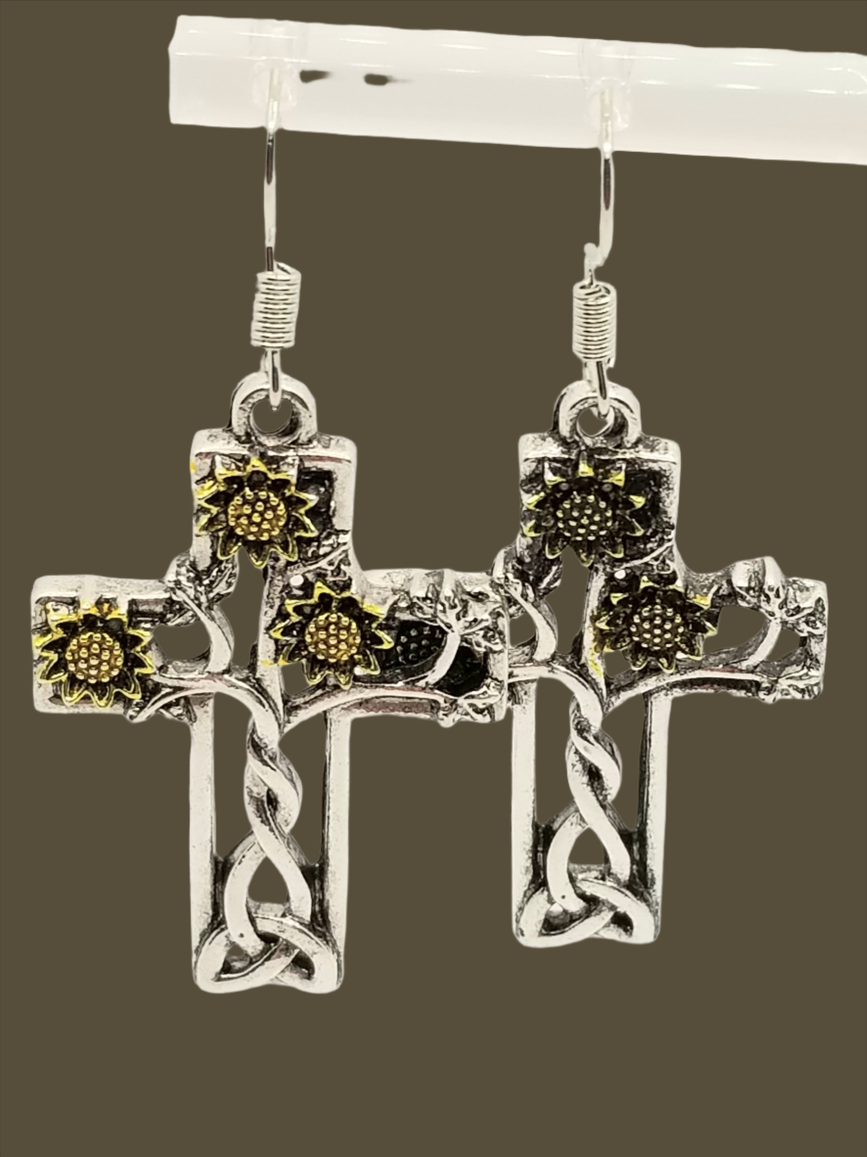Silver Tone Cross with Sunflowers Earrings (Faith-based)