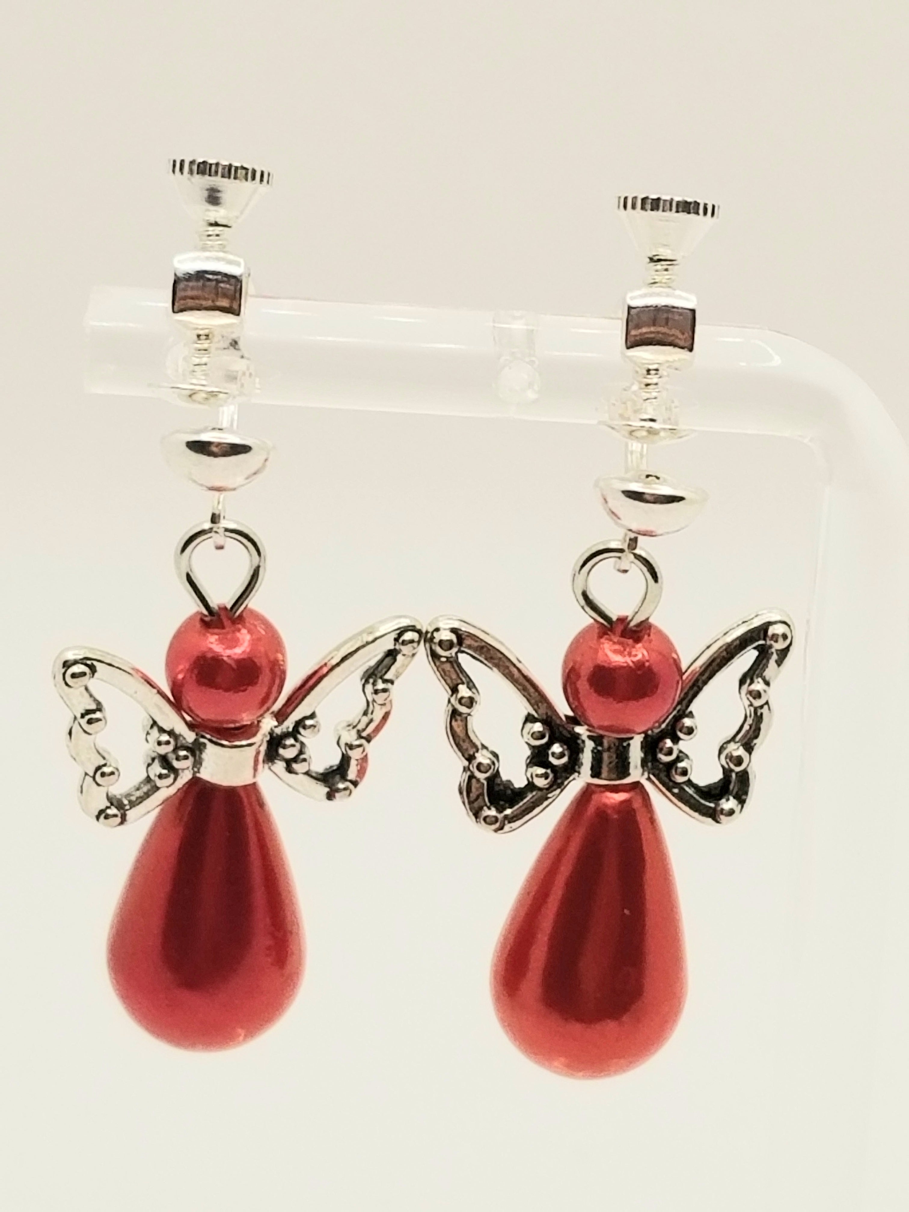 Glowing Red Faux Pearl Angel "Clip on" Earrings (faith-based)