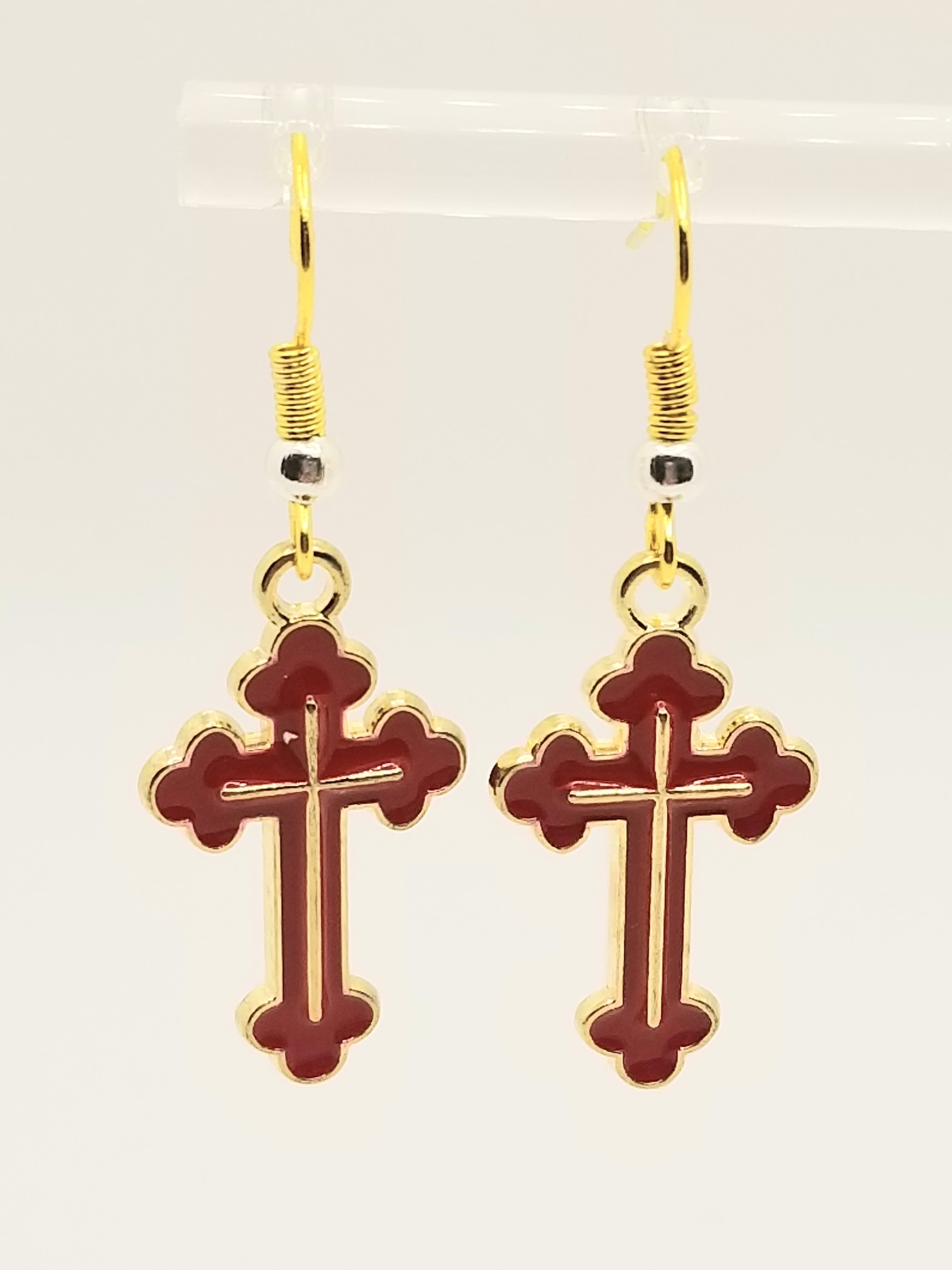 Gold Tone Scalloped Edges Red Cross Earrings (faith-based)