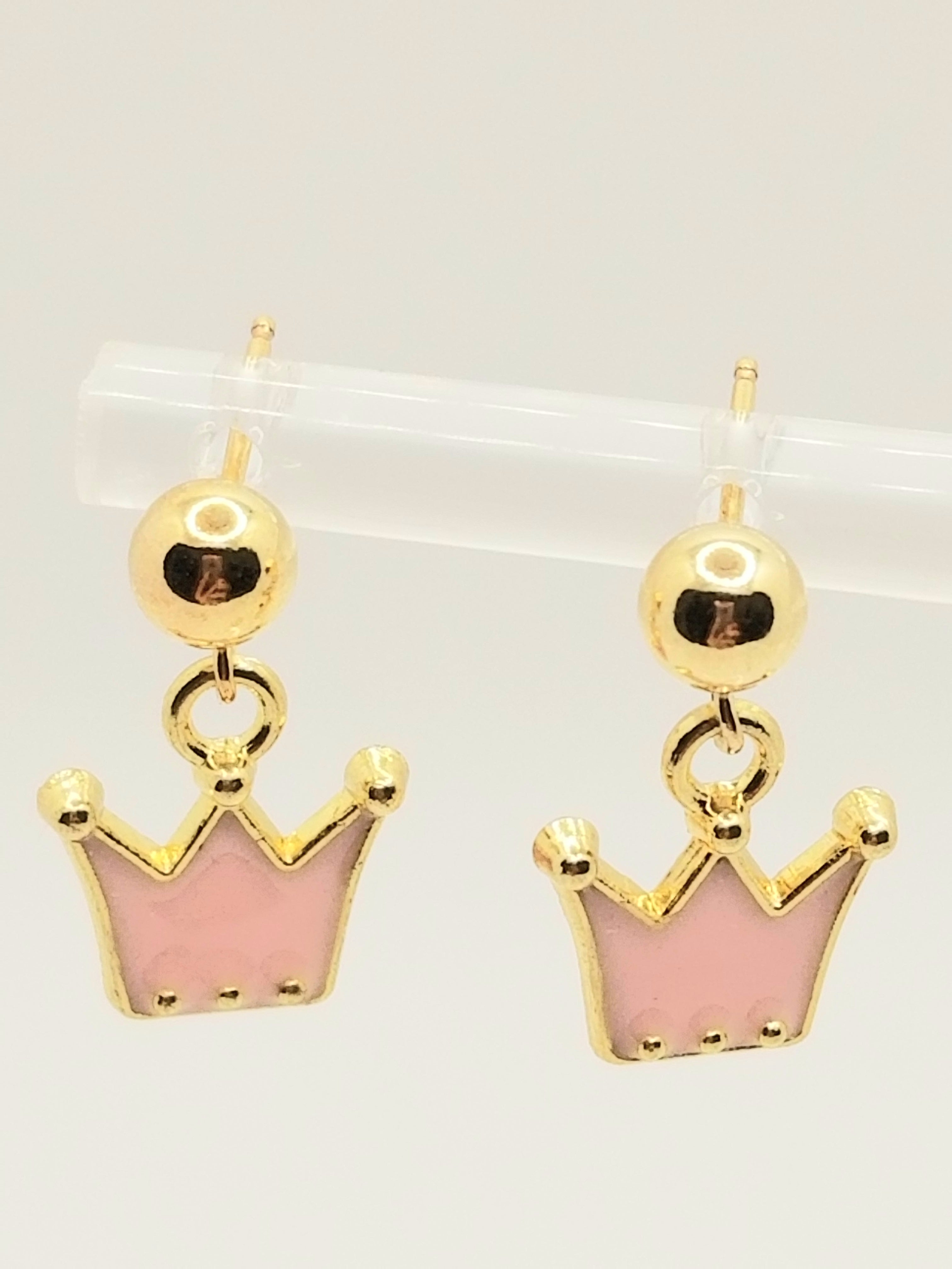 Gold Tone Tiny Pink Crown Earrings (faith-based)
