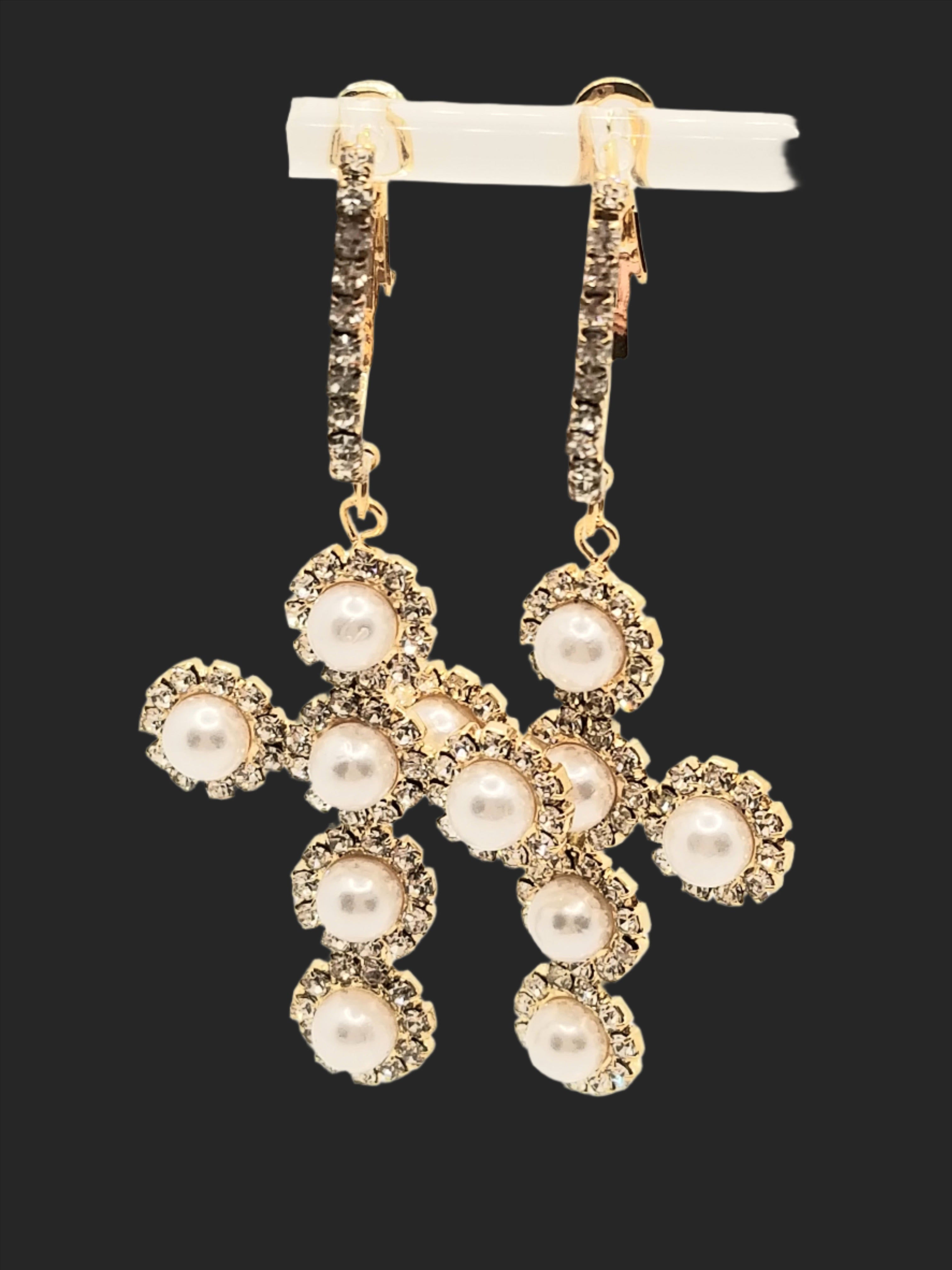 Sparkly White Faux Pearl-filled Cross w/Rhinestones Earrings (faith-based)