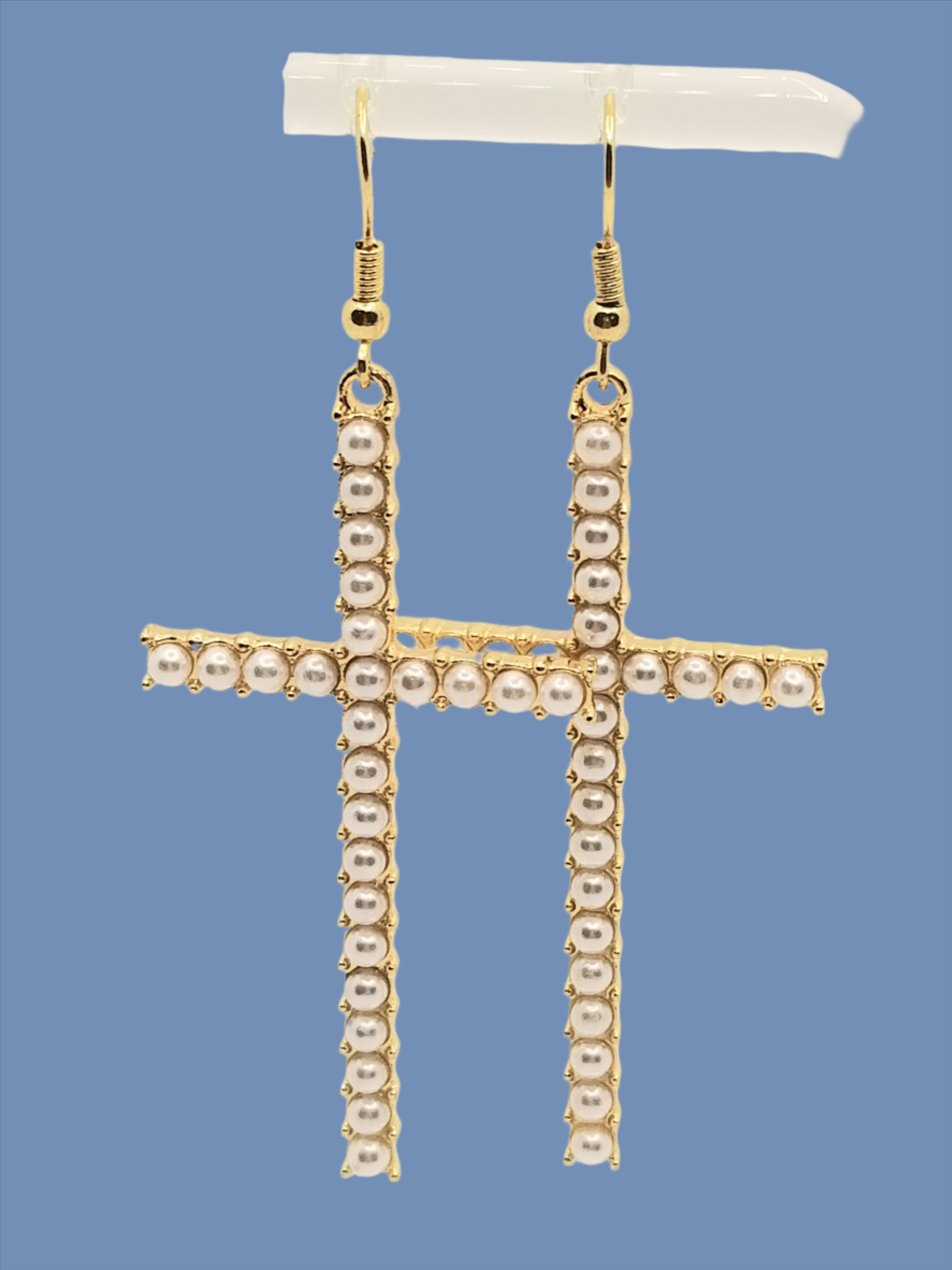 Long Cross Dotted with White Faux Pearls Earrings (faith-based)