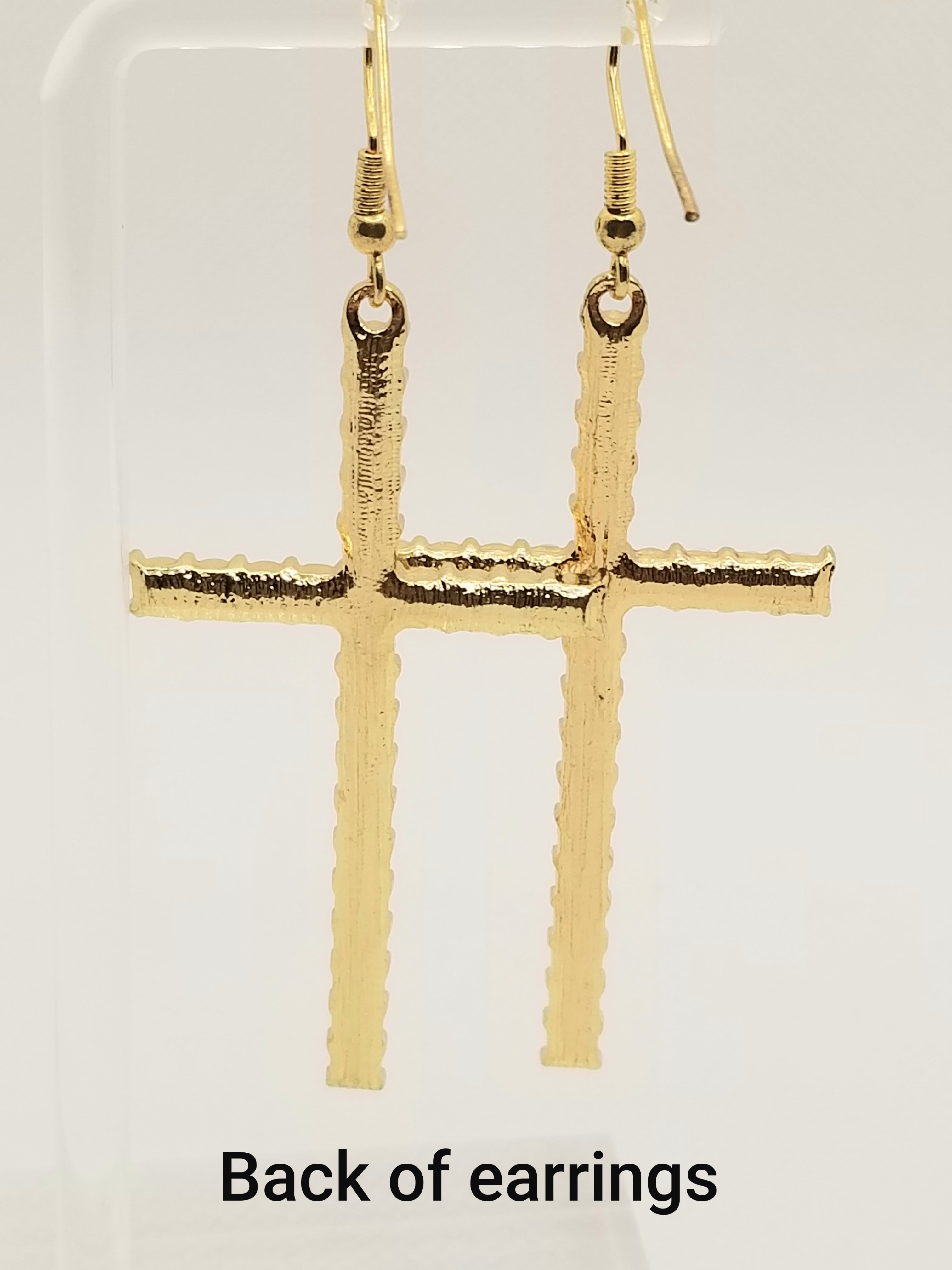 Long Cross Dotted with White Faux Pearls Earrings (faith-based)