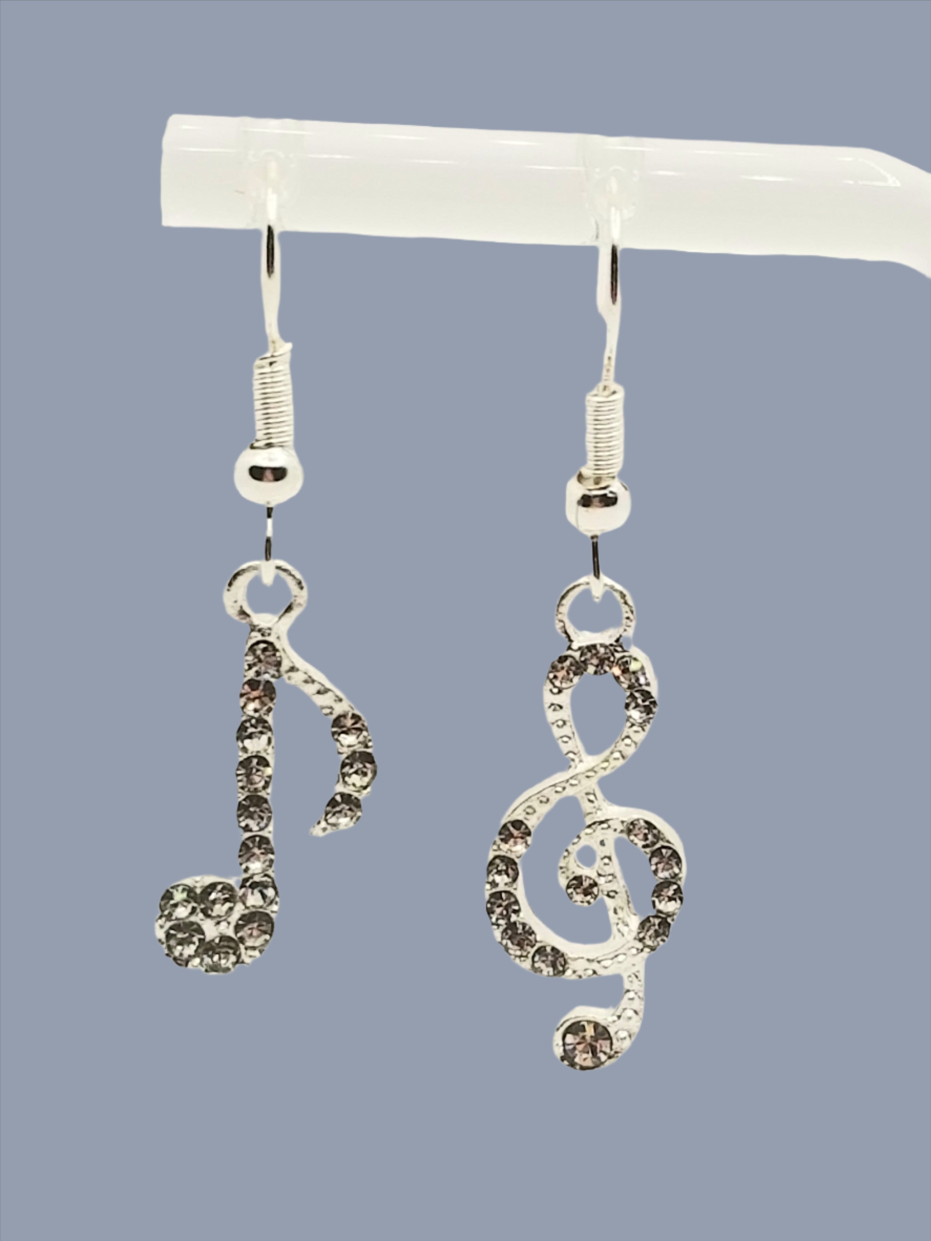 Glittery Silver Tone Musical Notes with Rhinestones Earrings (faith-based)