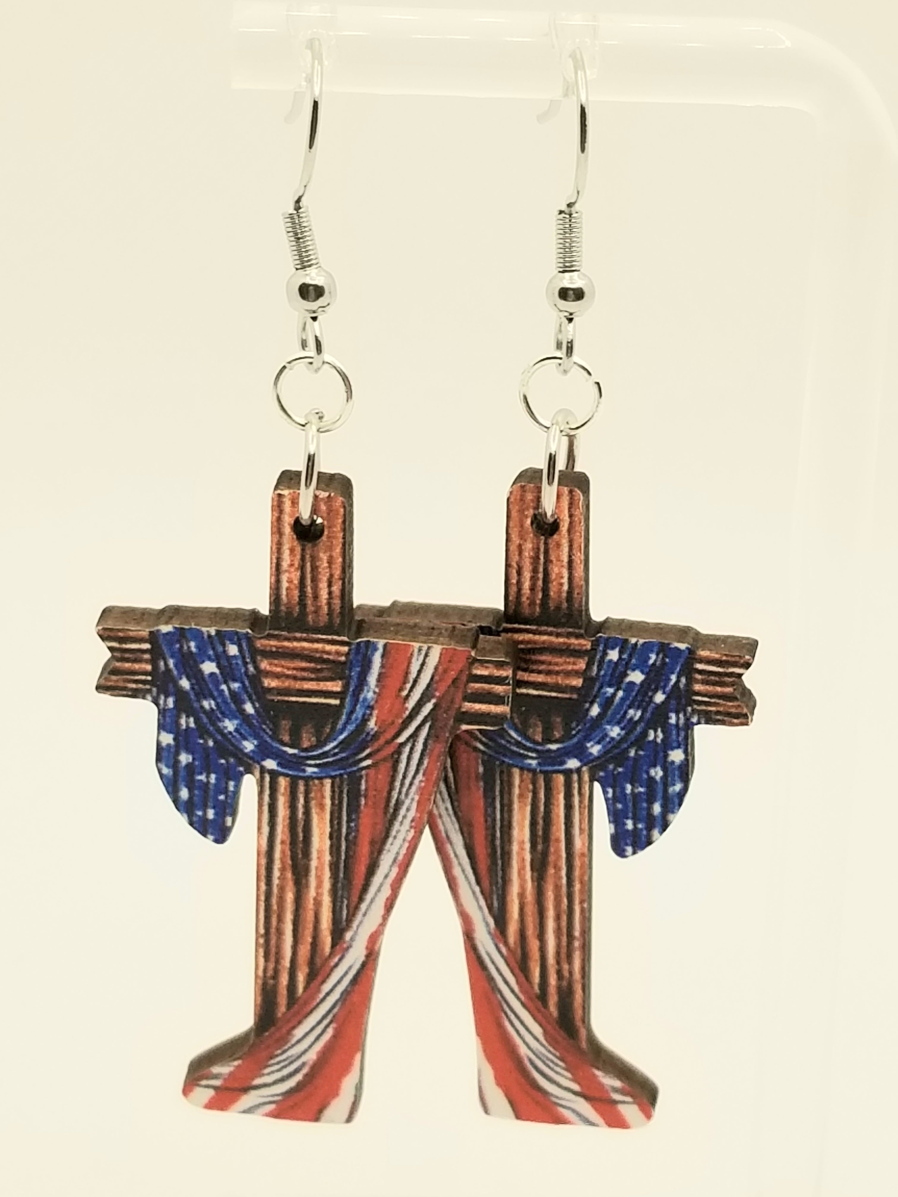Wooden Crosses Draped with the American Flag Earrings (faith-based)