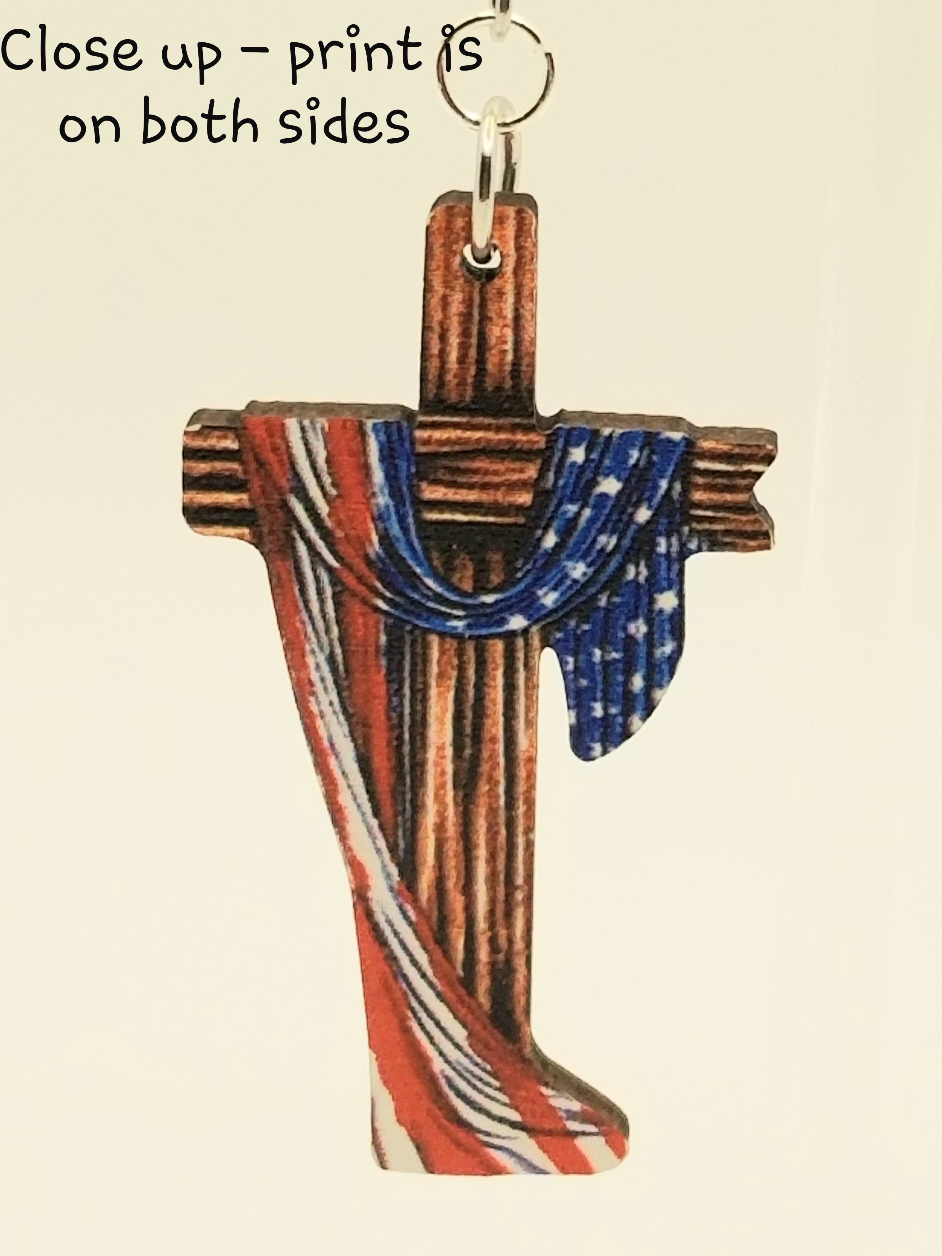 Wooden Crosses Draped with the American Flag Earrings (faith-based)