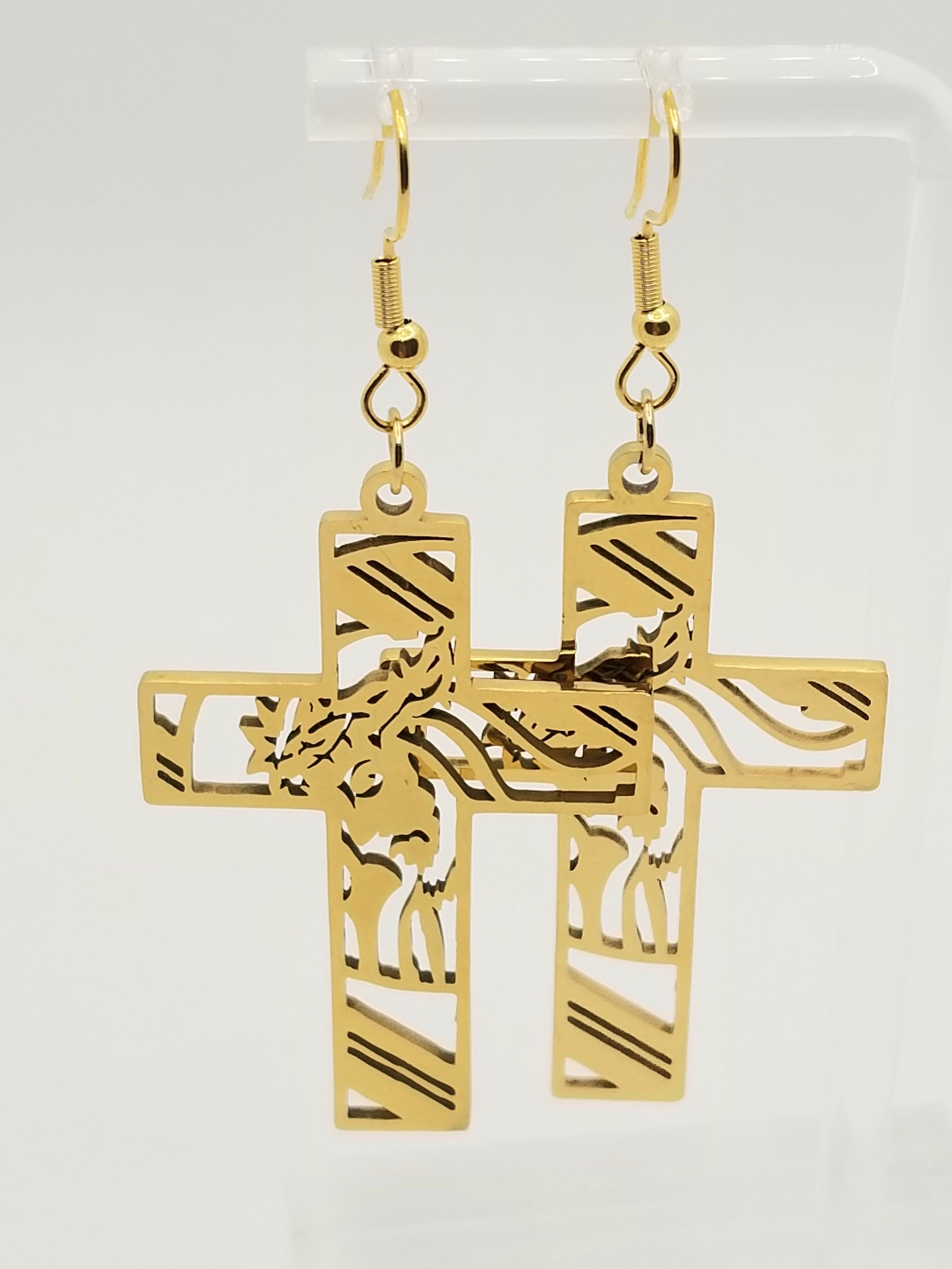 Gold Tone Crosses with Jesus' Face Earrings (faith-based)