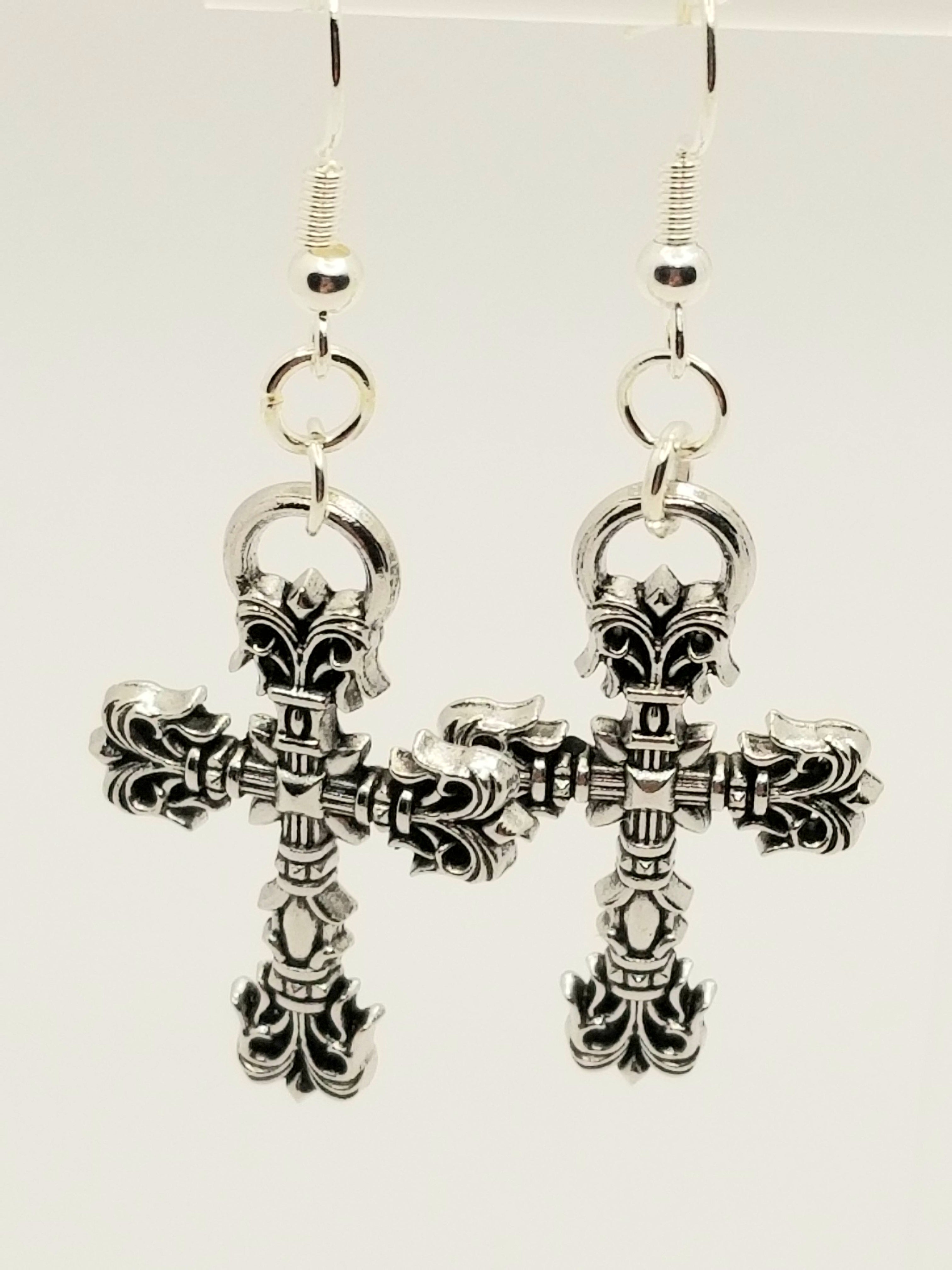 Silver tone etched edges cross earrings (faith-based)