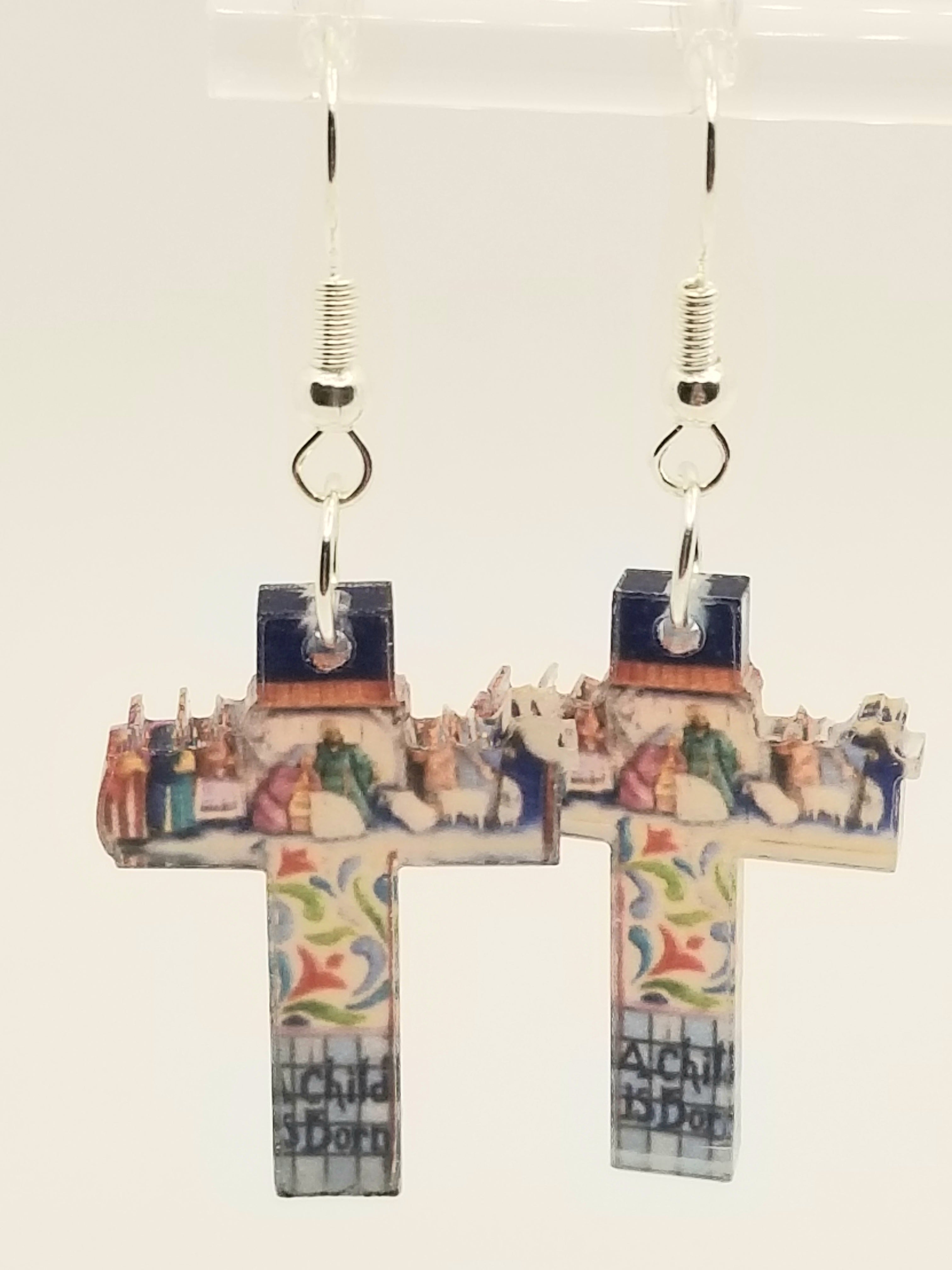 Unique Acrylic Nativity Cross Earrings (faith-based)