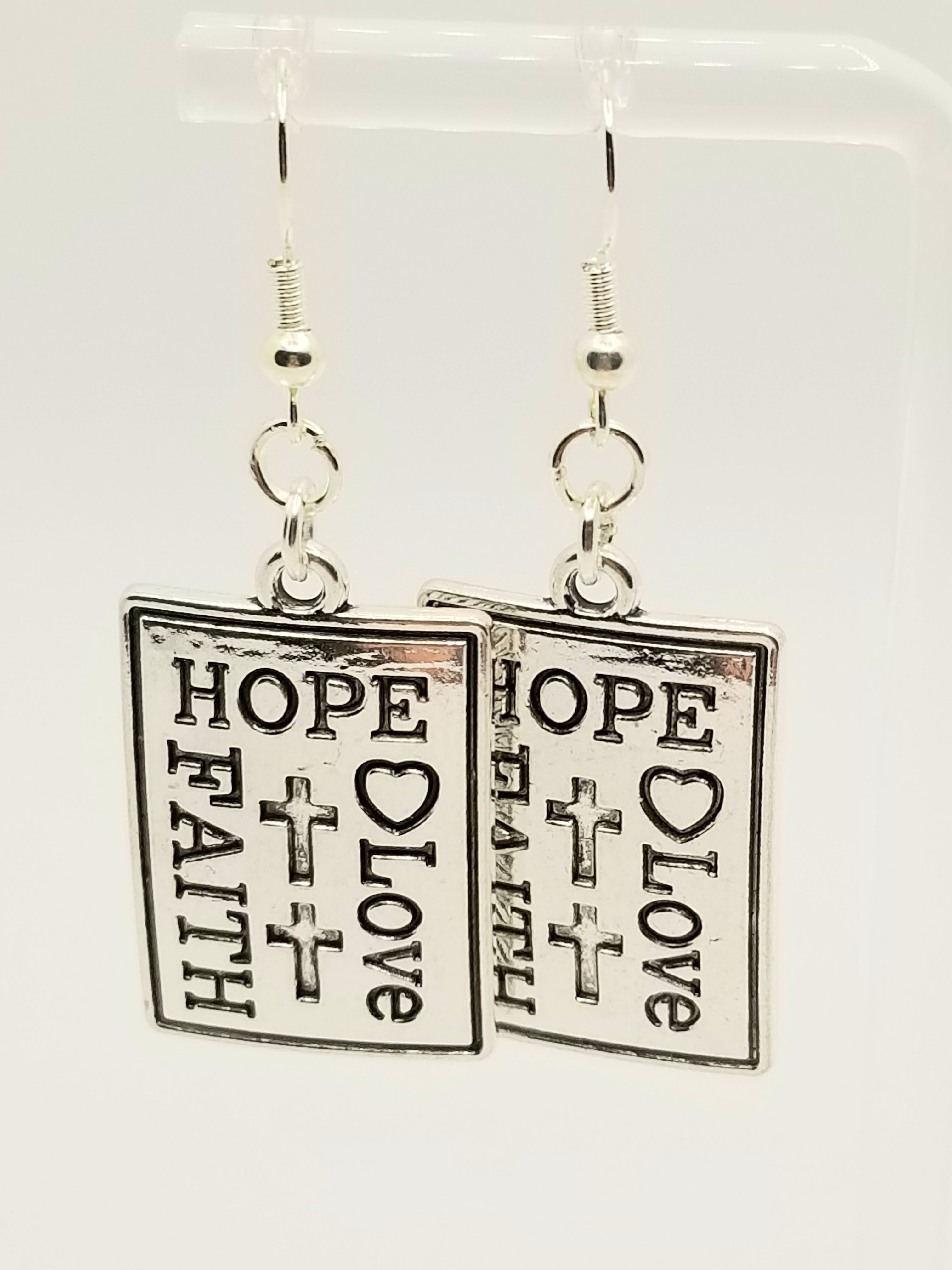 Silver tone HOPE.LOVE.FAITH Earrings (faith-based)