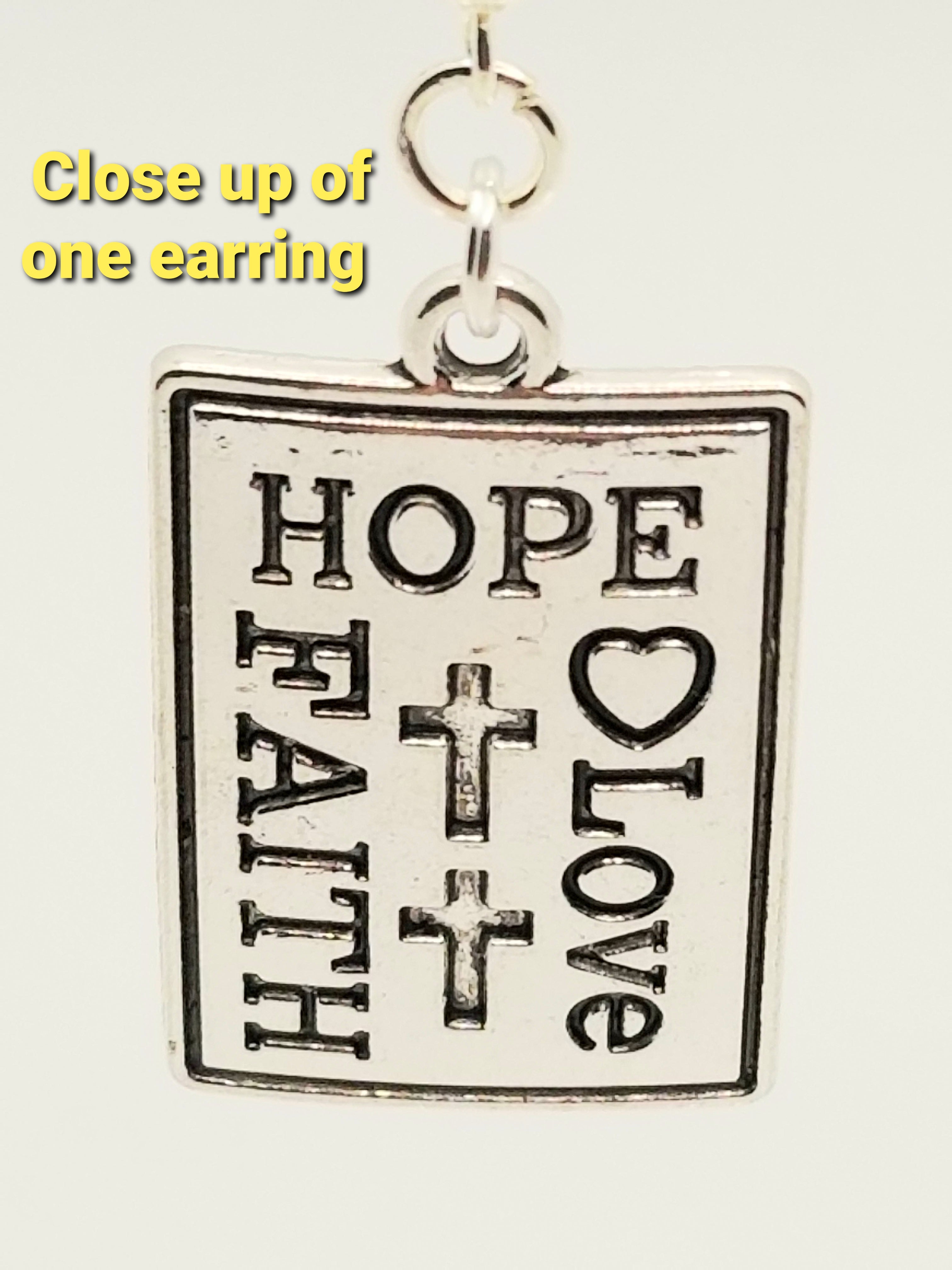 Silver tone HOPE.LOVE.FAITH Earrings (faith-based)