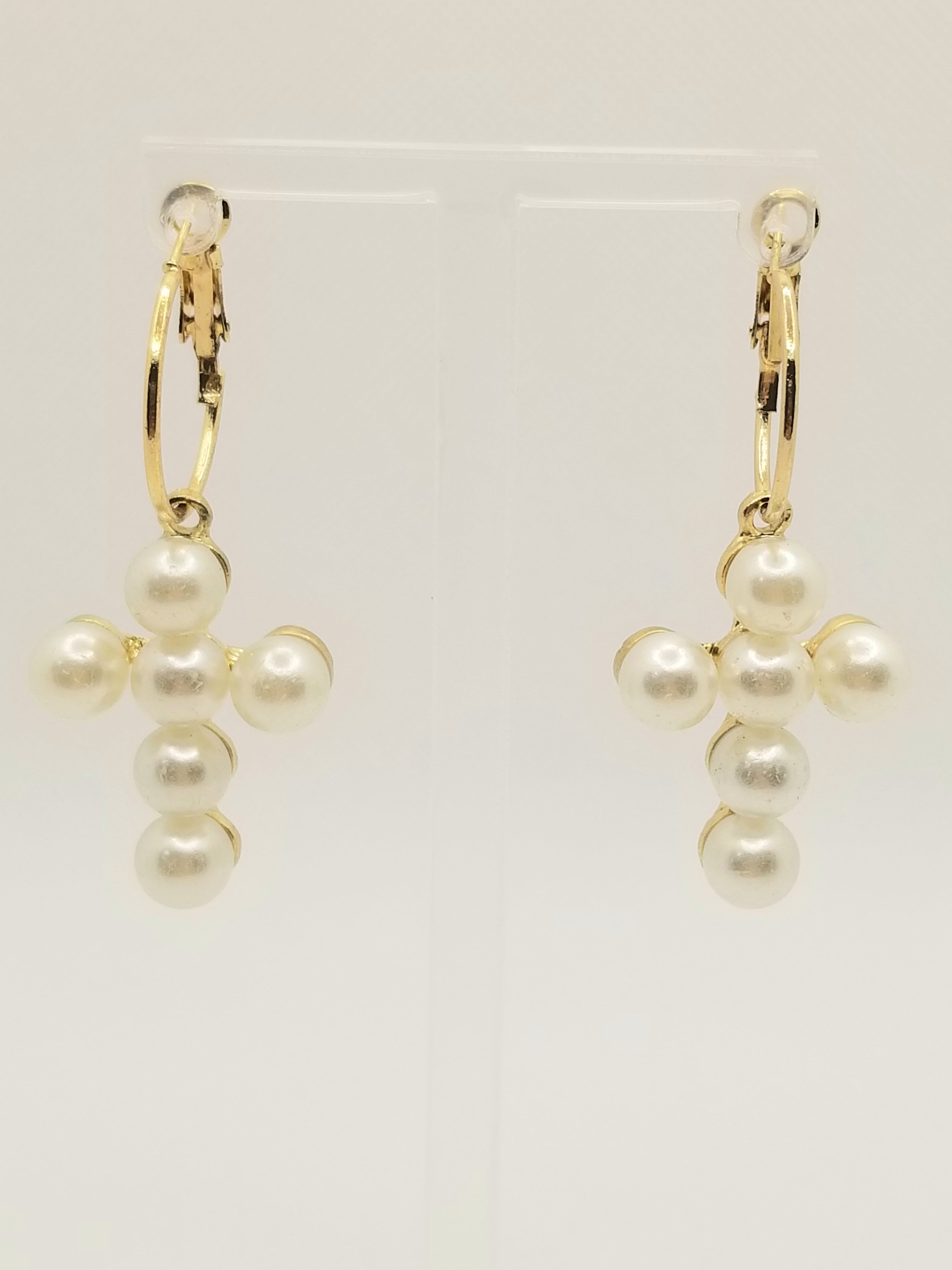 Gold Tone Cross Faux Pearl Earrings (faith-based)