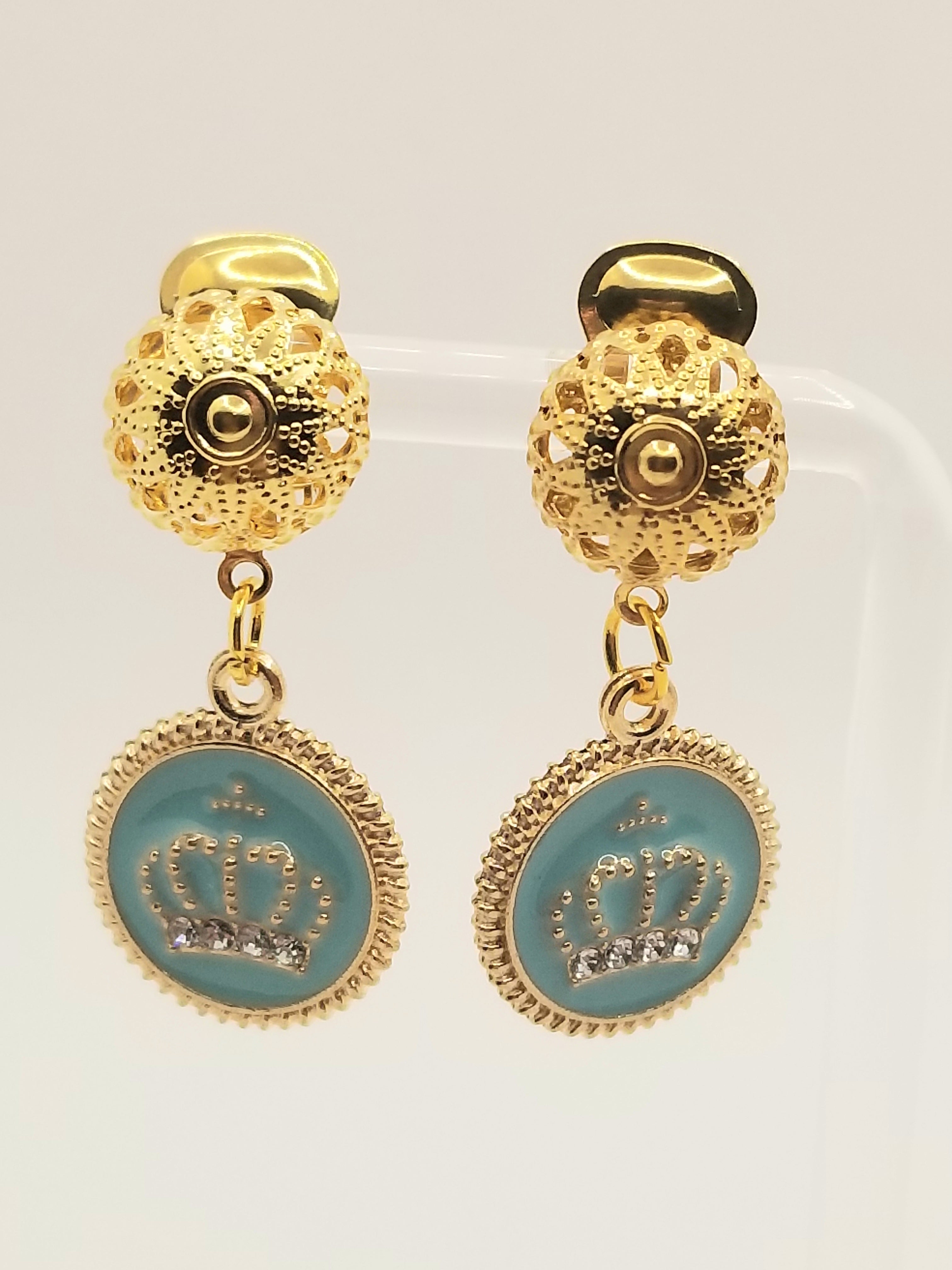 Gold Tone Blue Round Crown Clip-on Earrings (faith-based)