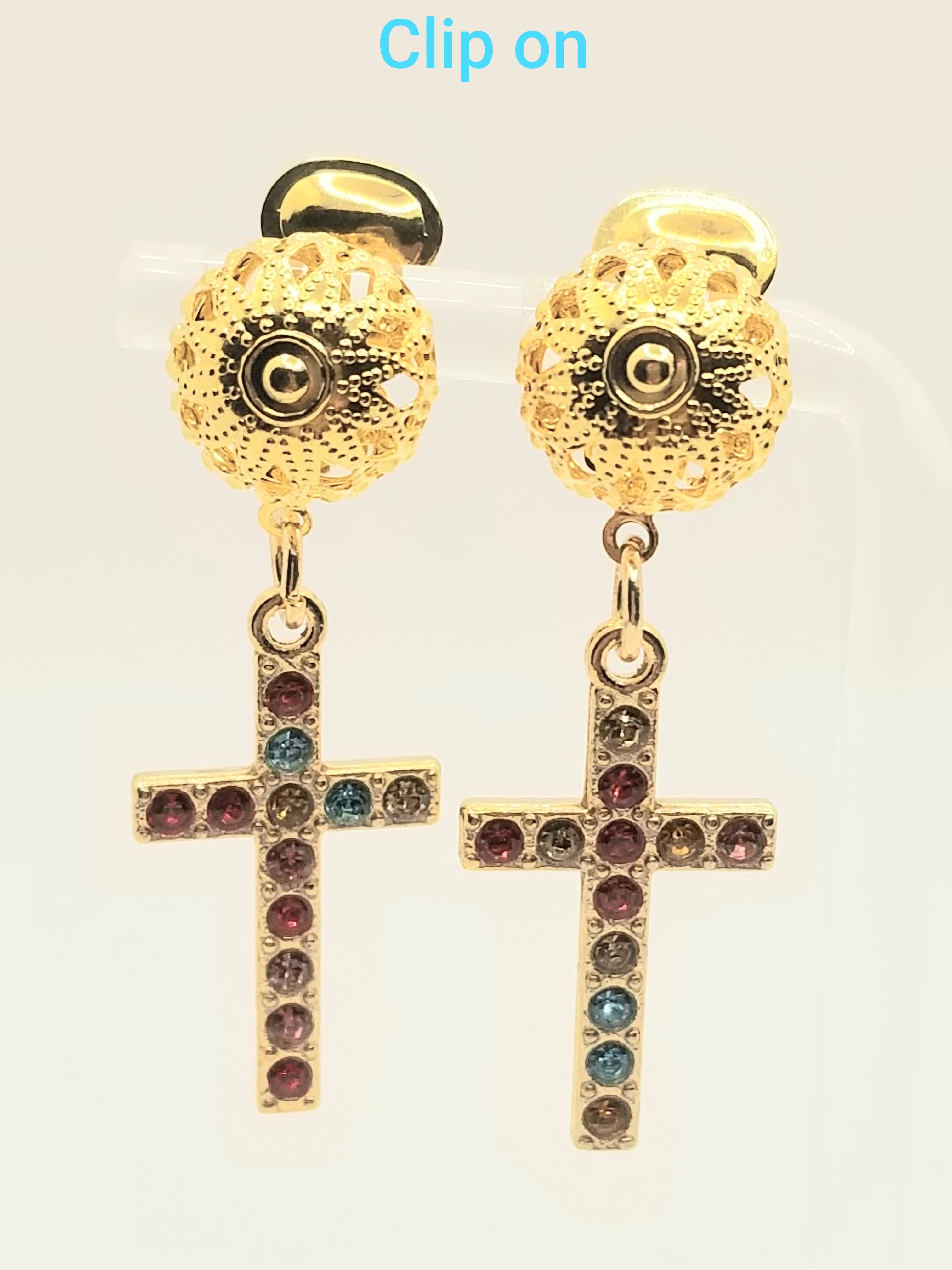 Gold Tone Multicolor Rhinestone Cross Clip-on Earrings (faith-based)