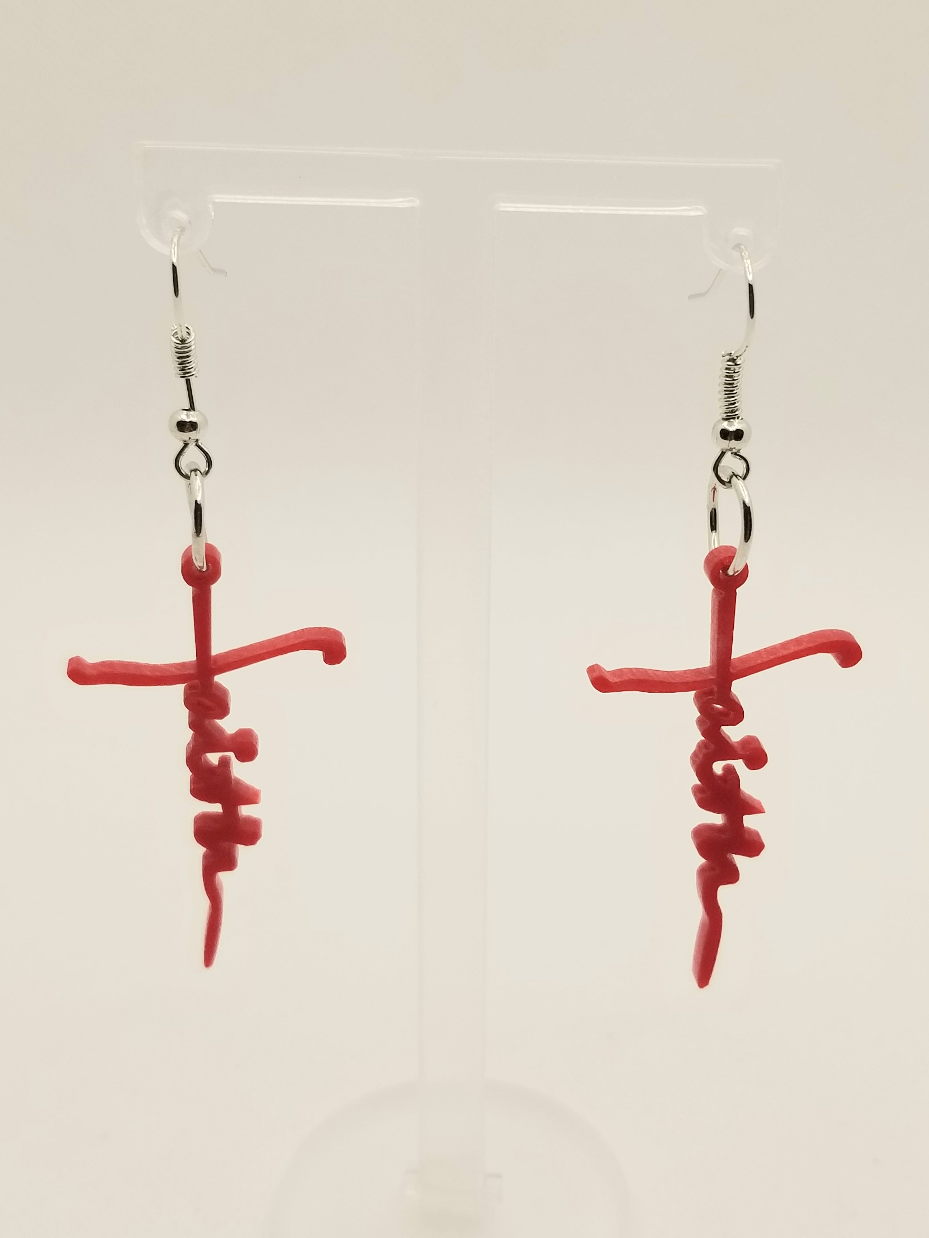 Faith Written Downward Red Acrylic Cross Earrings (faith-based)