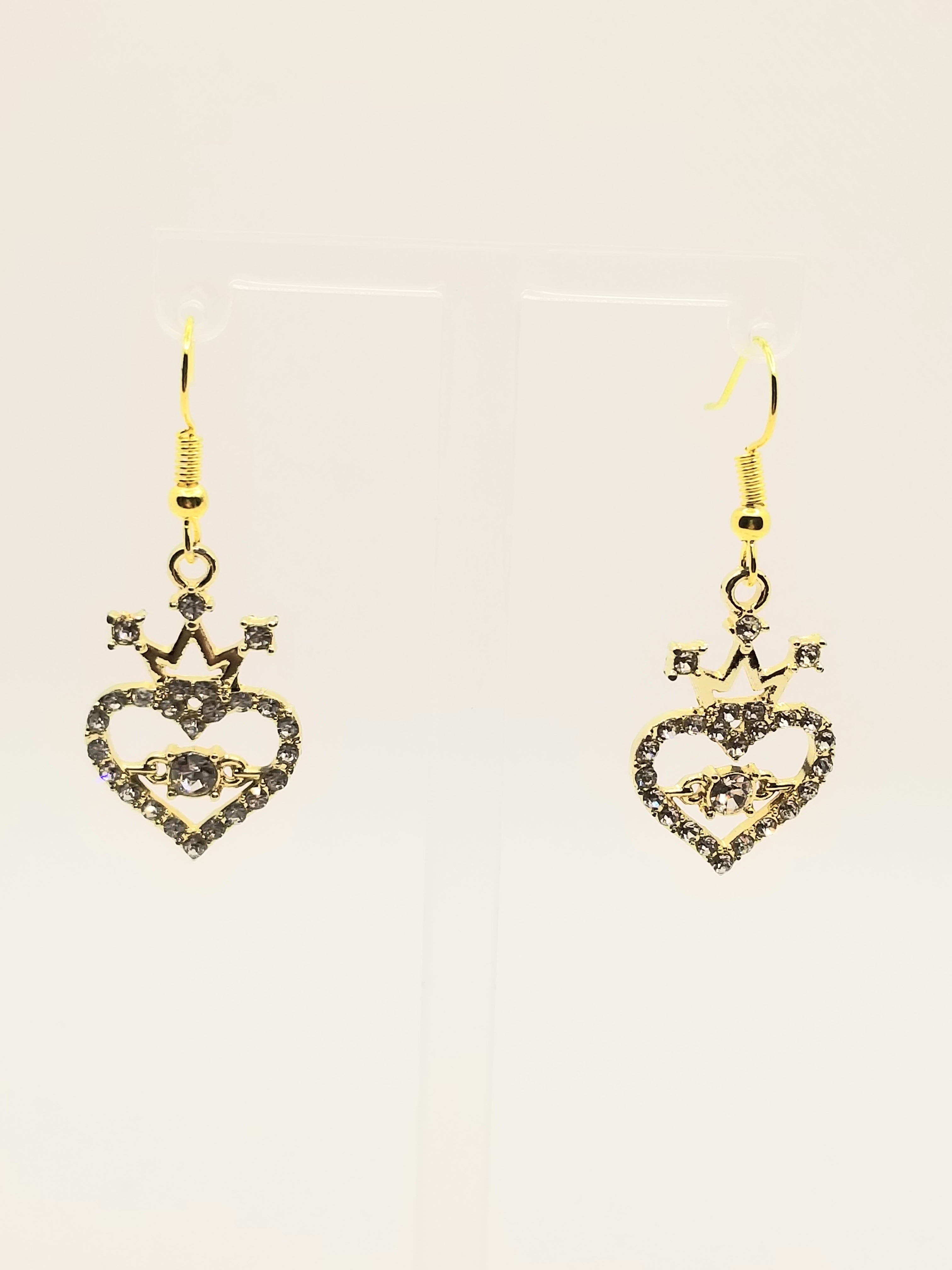 Lustrous Rhinestone Hearts Topped With A Royal Crown Earrings (faith-based)