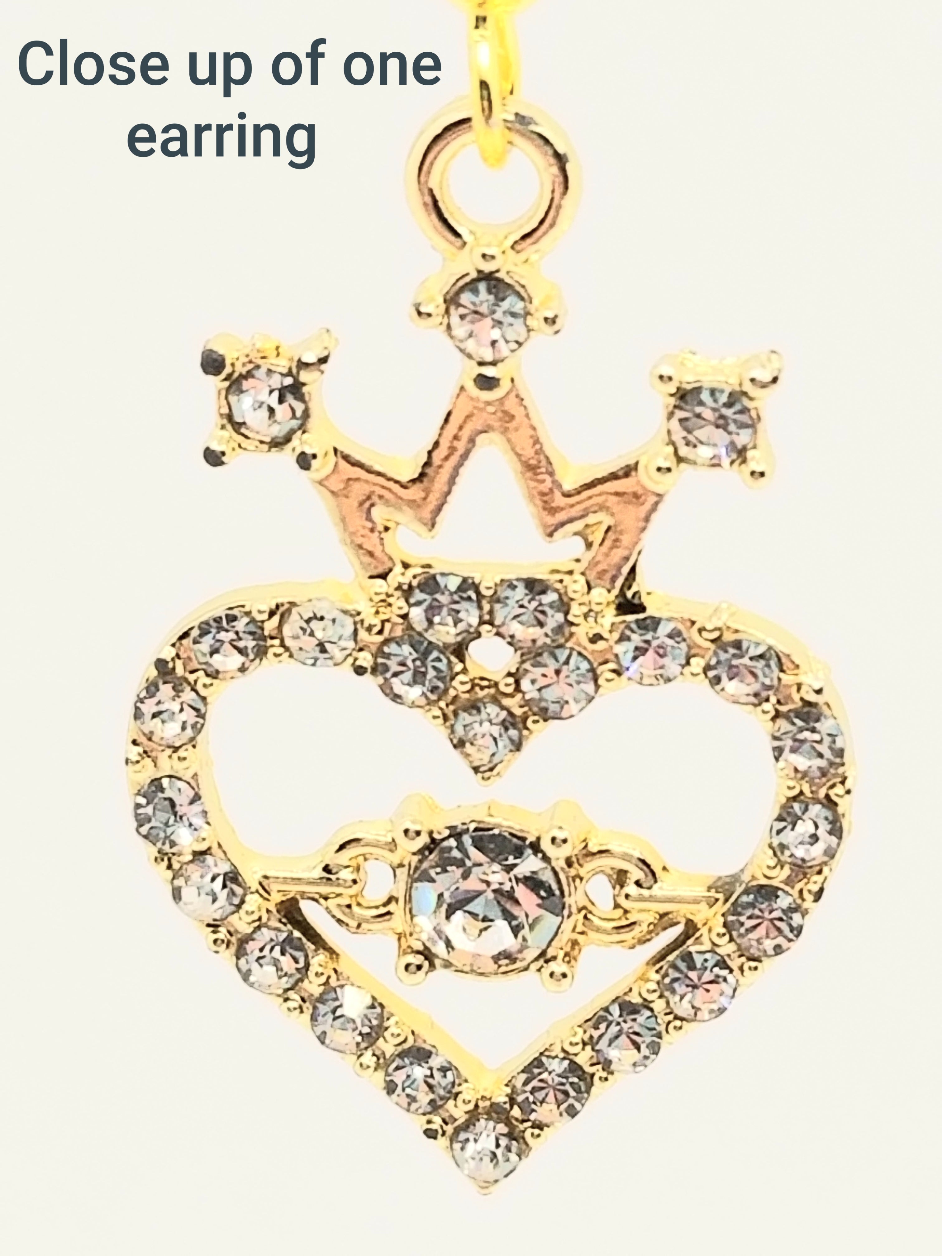 Lustrous Rhinestone Hearts Topped With A Royal Crown Earrings (faith-based)