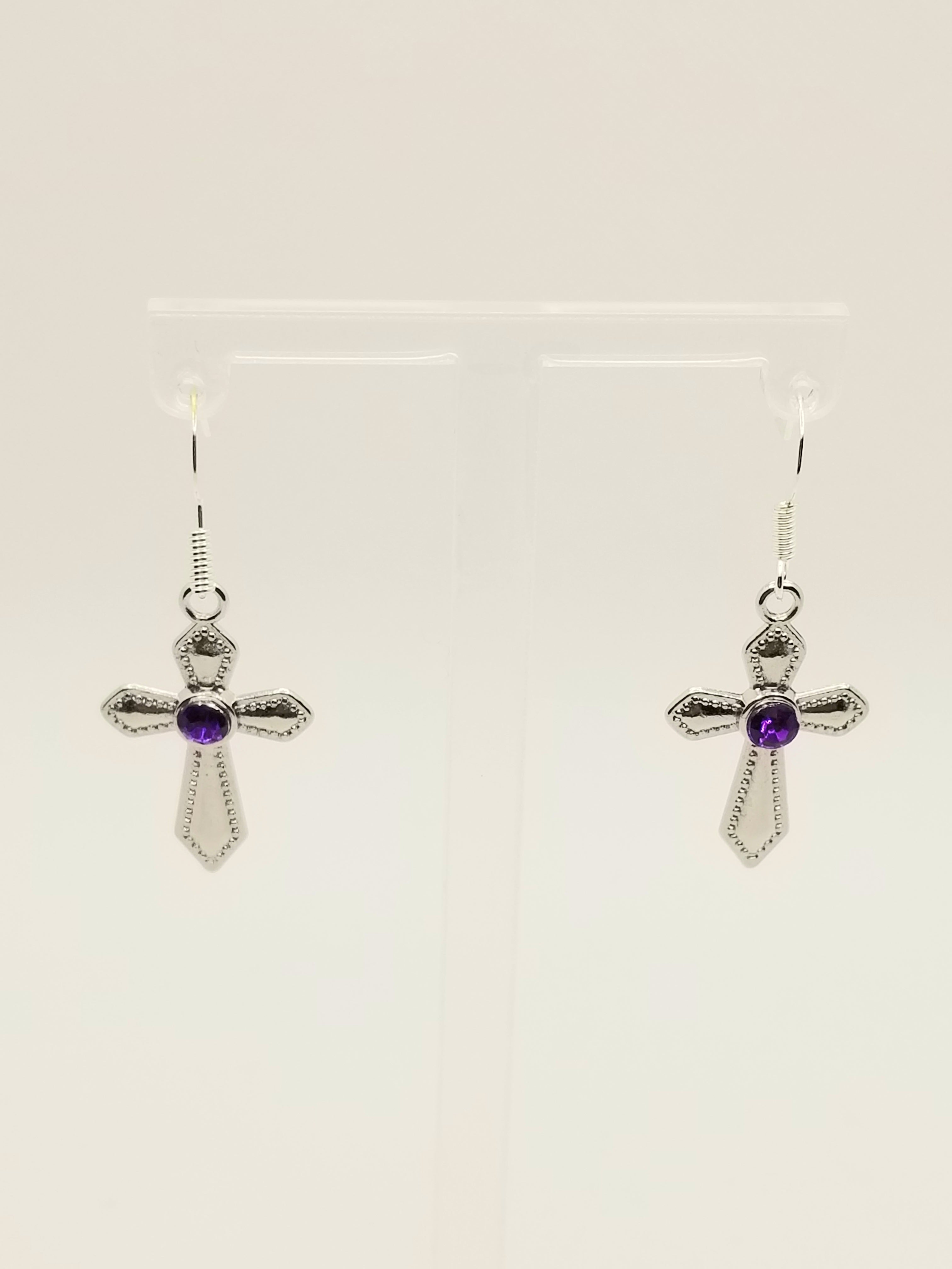 Royalty Purple Rhinestone Silver Cross Earrings (faith-based)