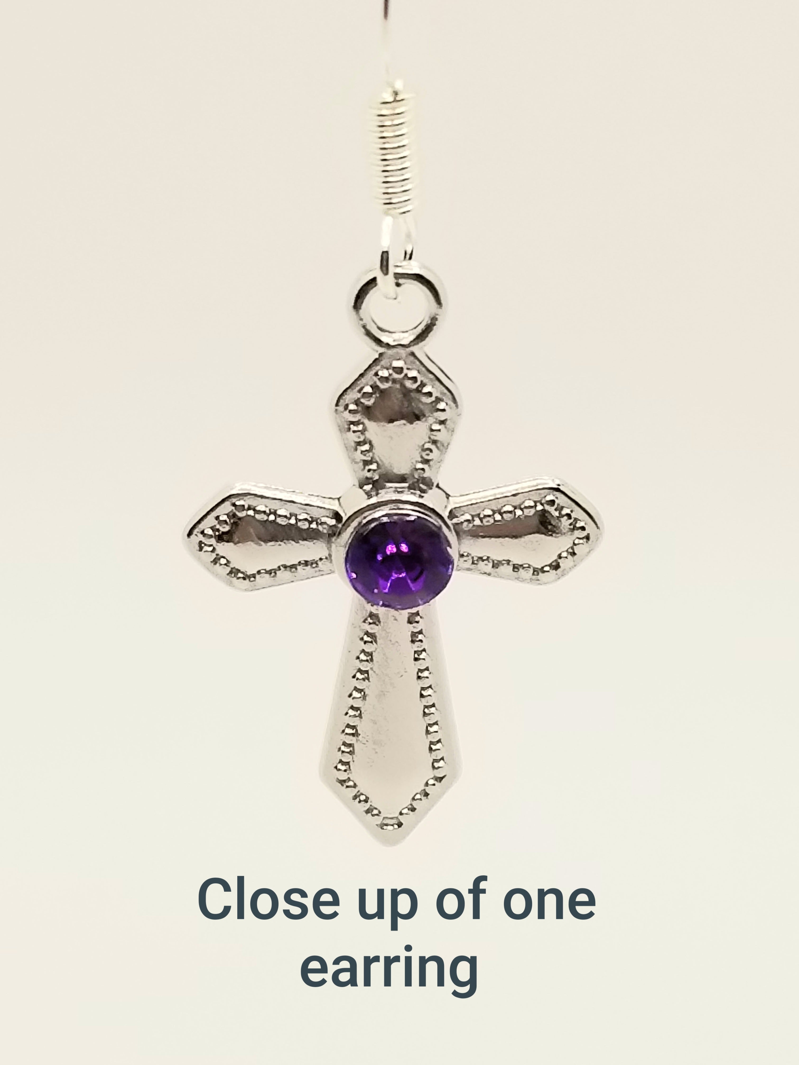 Royalty Purple Rhinestone Silver Cross Earrings (faith-based)