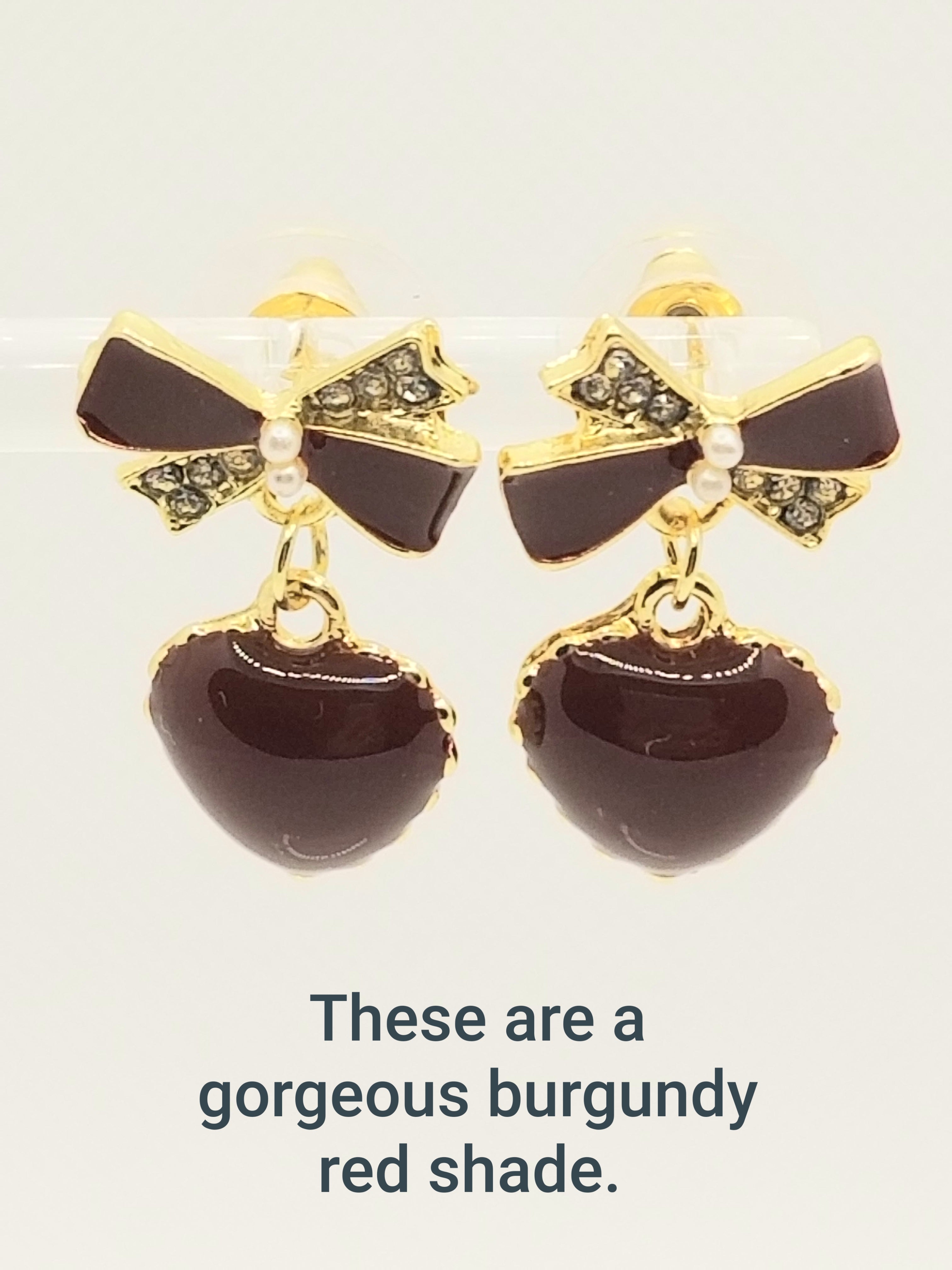 Vivacious Burgundy Red Heart and Sparkly Bow Earrings (faith-based)