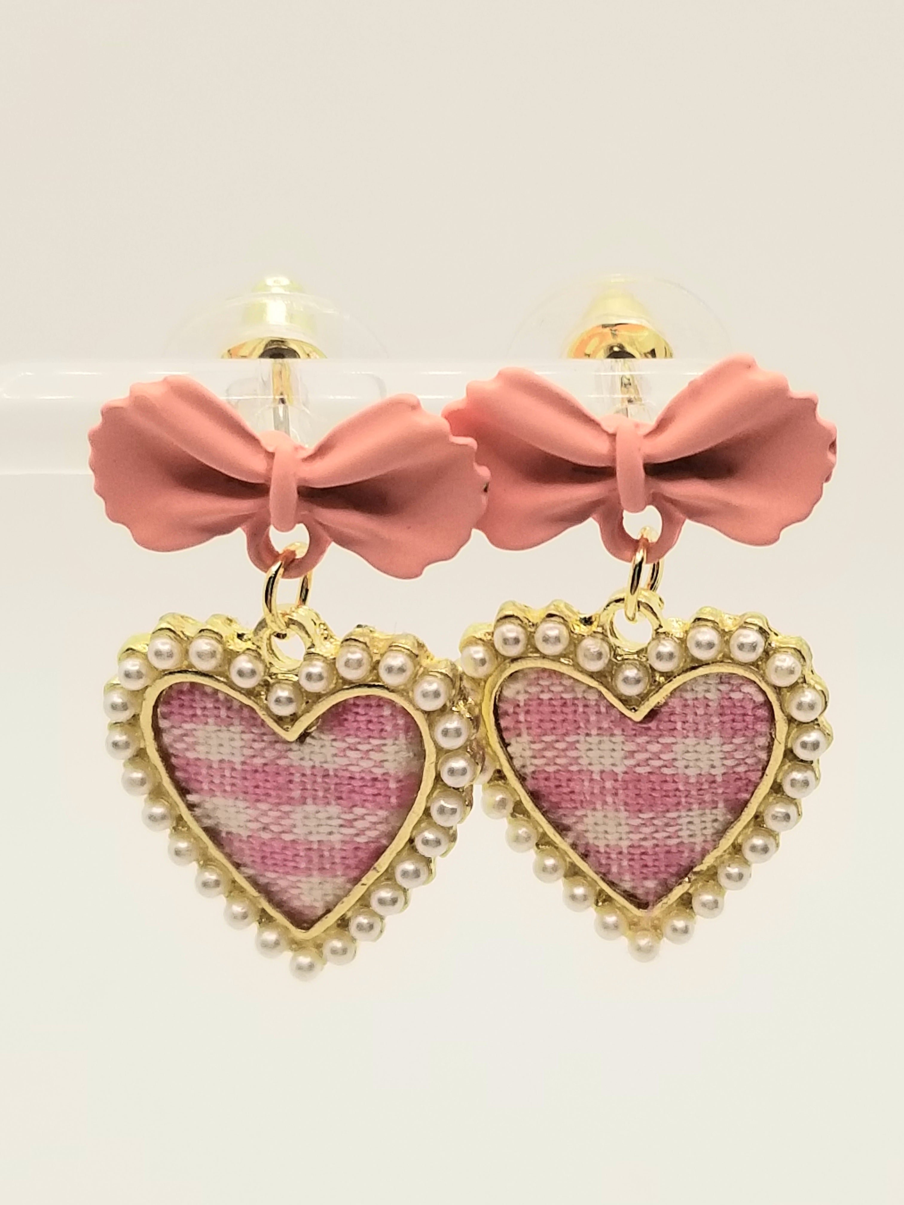 Lustrous and Classy Pink Gingham Hearts topped with Pink Bows Earrings (faith-based)