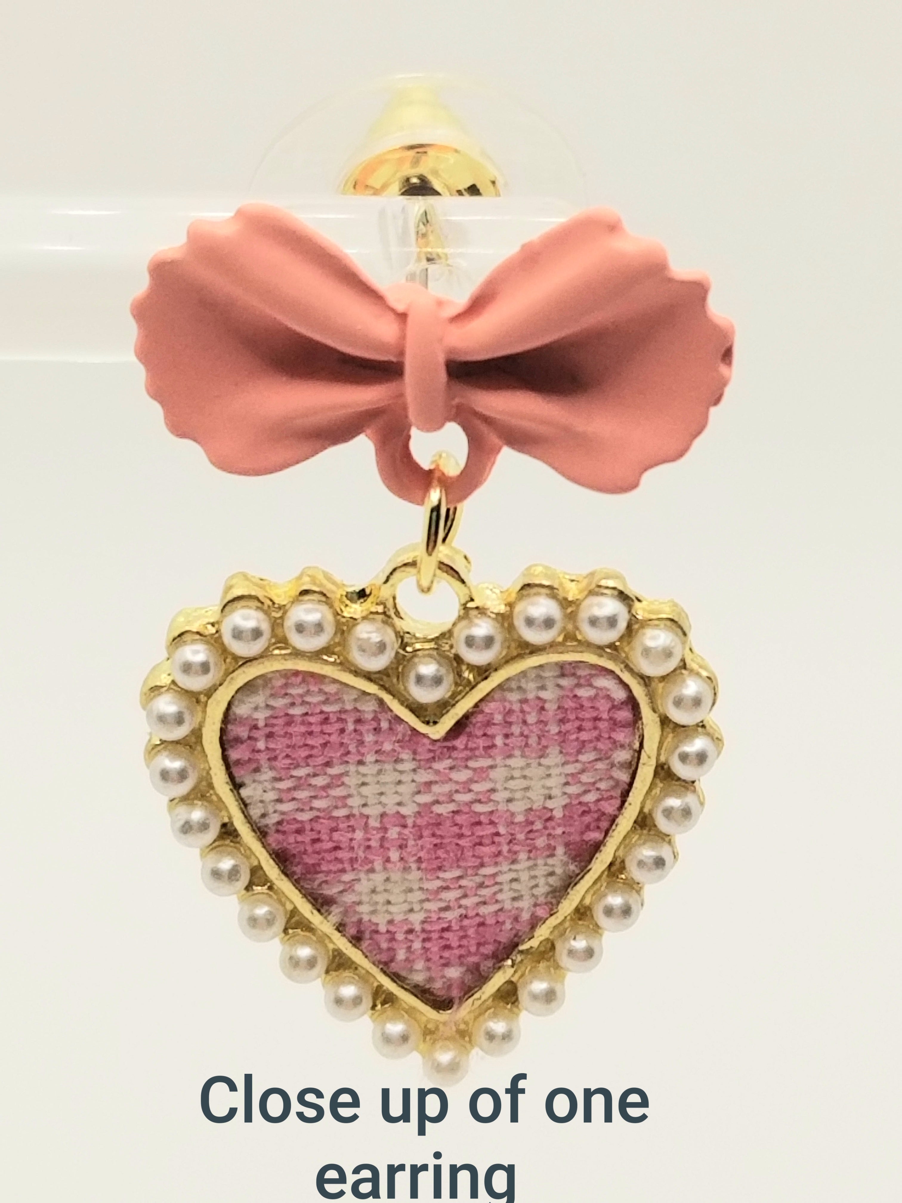 Lustrous and Classy Pink Gingham Hearts topped with Pink Bows Earrings (faith-based)