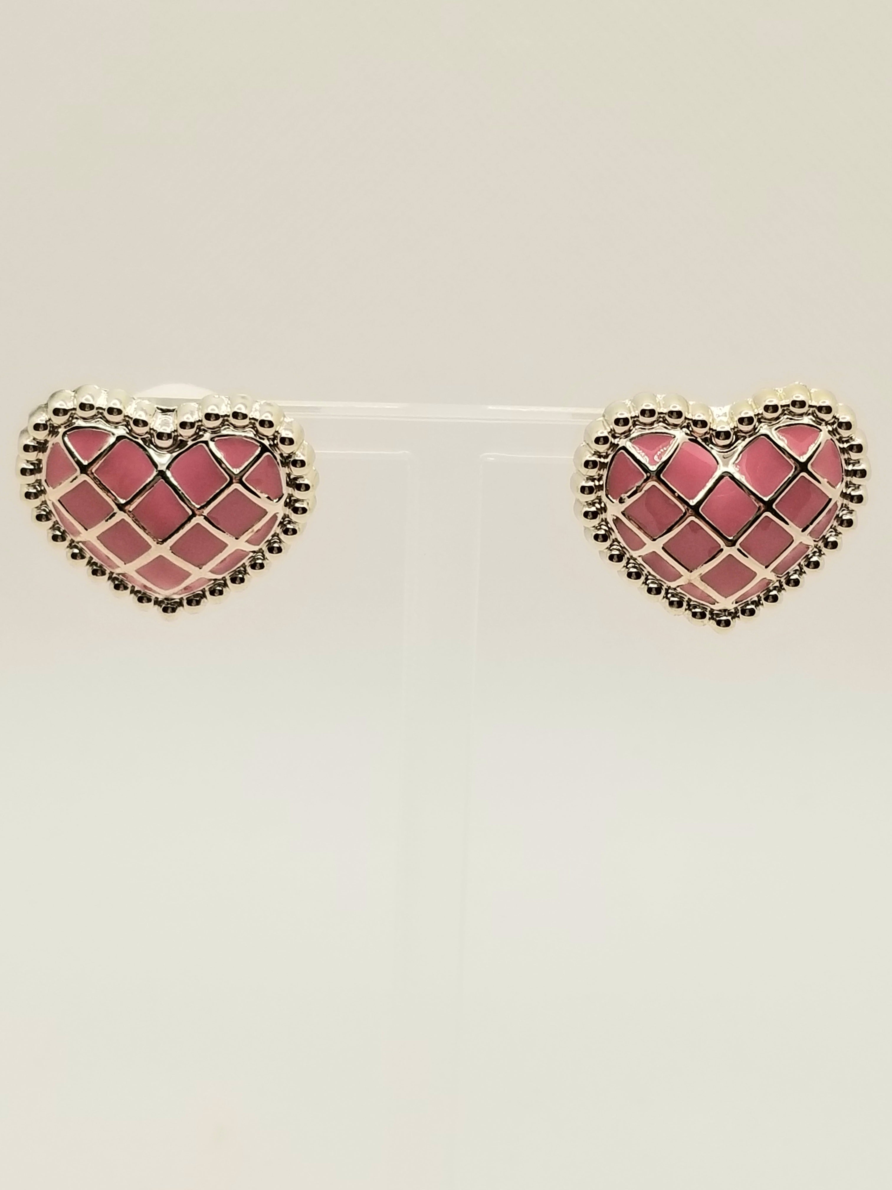Fancy Silver Checkerboard Design over Pink Heart Earrings (faith-based)
