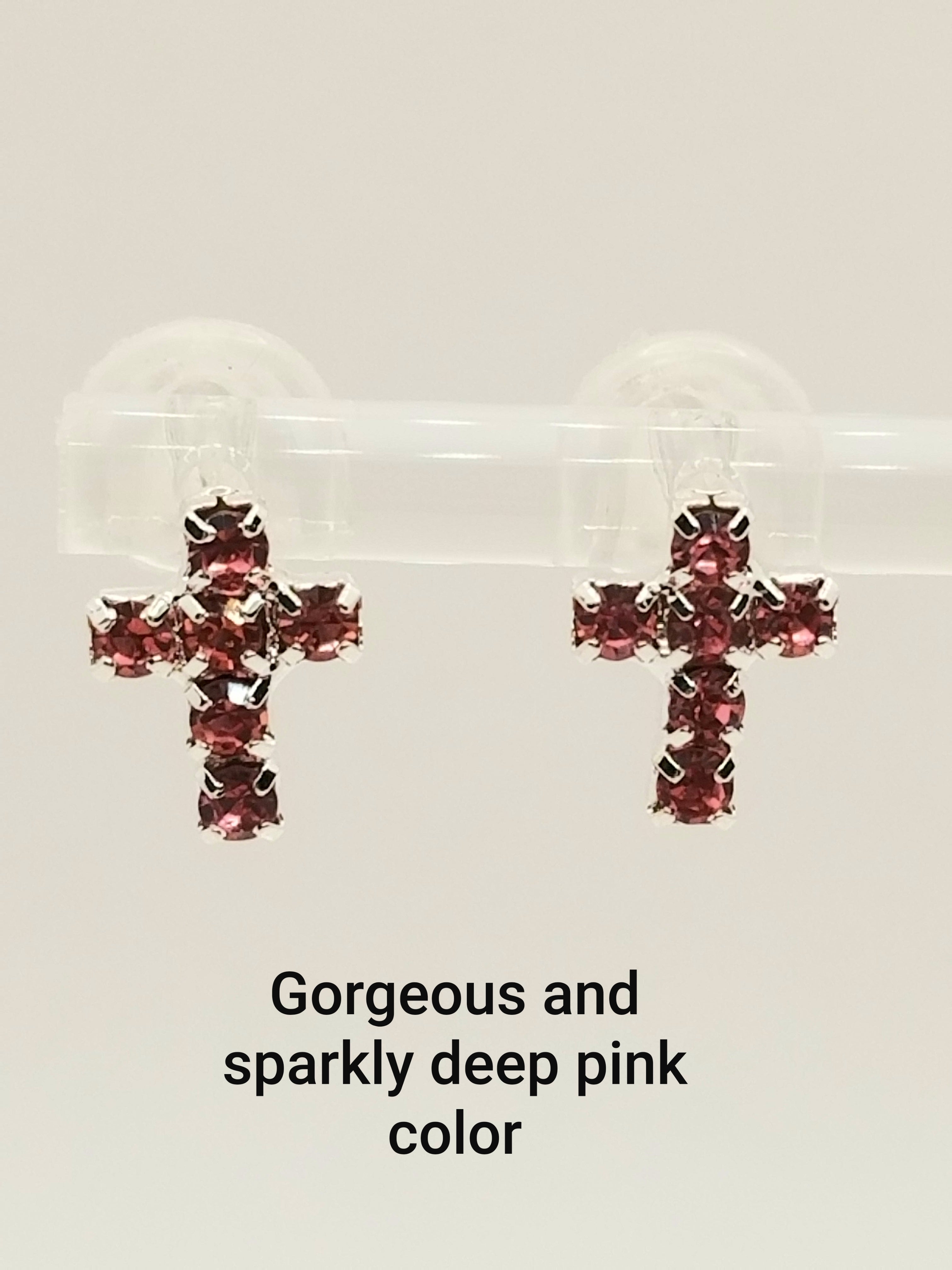 Sparkly Pink Simulated Cubic Zirconia Cross Earrings (faith-based)