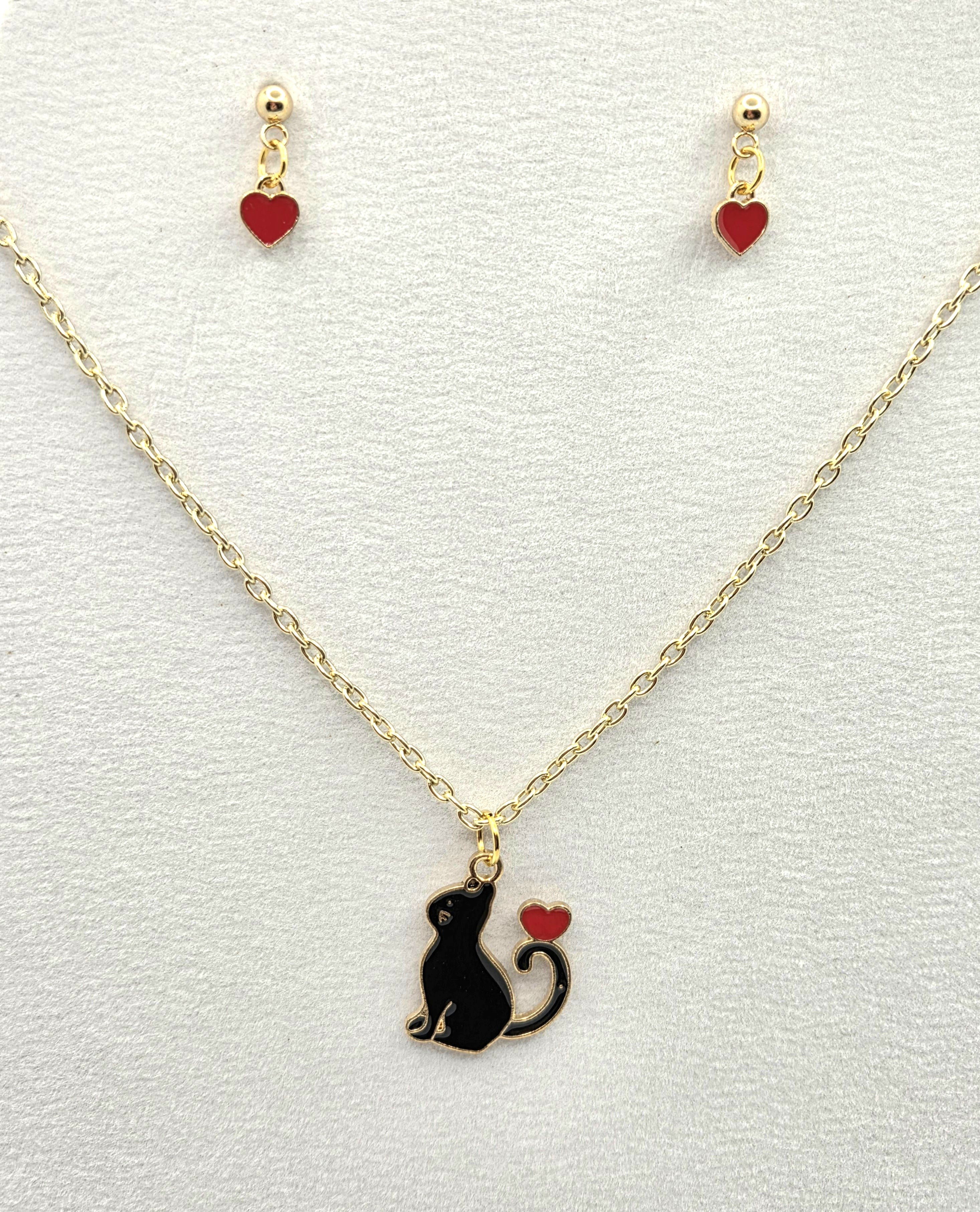 JUST FOR FUN BUNDLE: Curious Black Cat Necklace & Red Heart Earrings