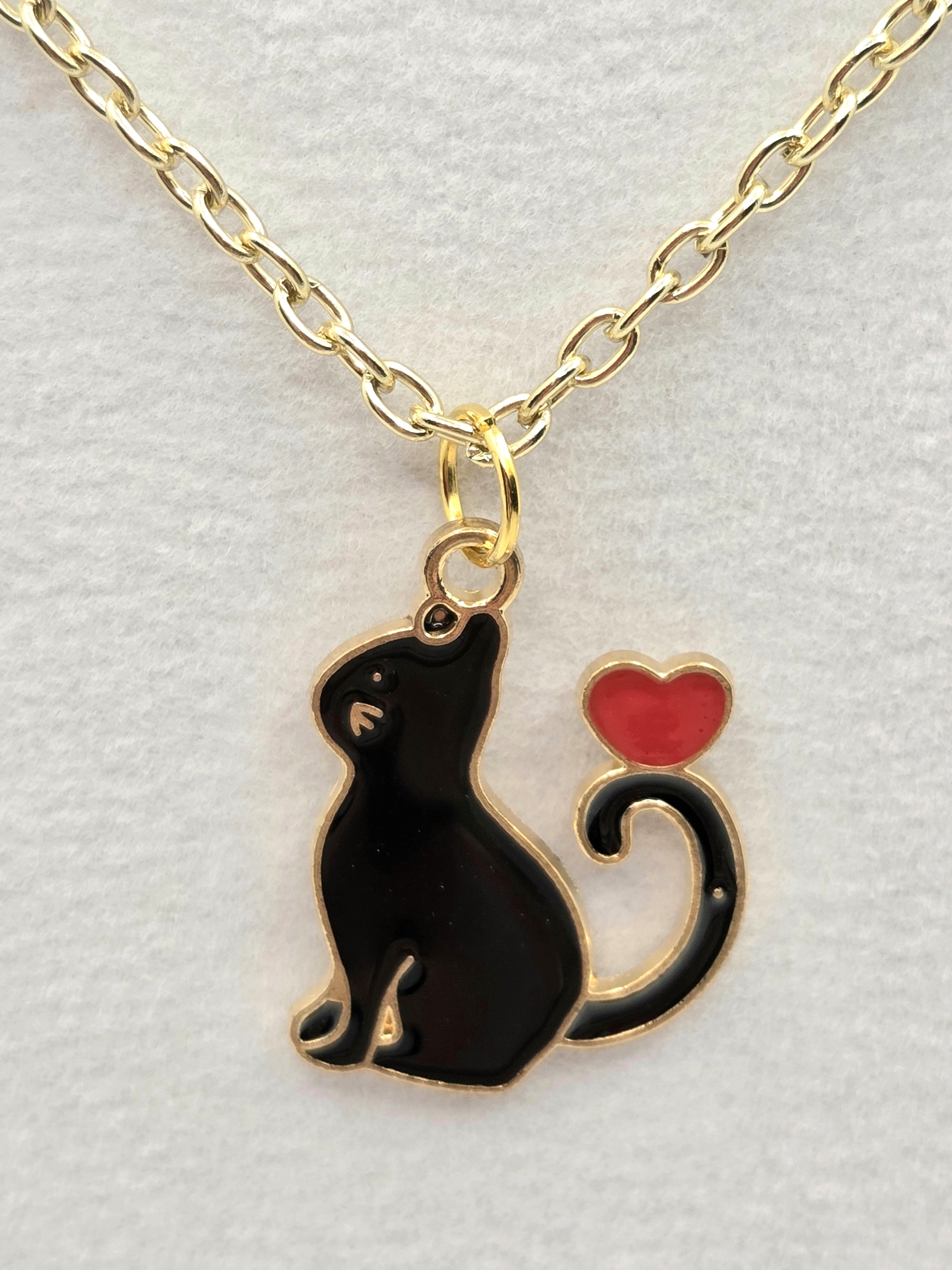 JUST FOR FUN BUNDLE: Curious Black Cat Necklace & Red Heart Earrings