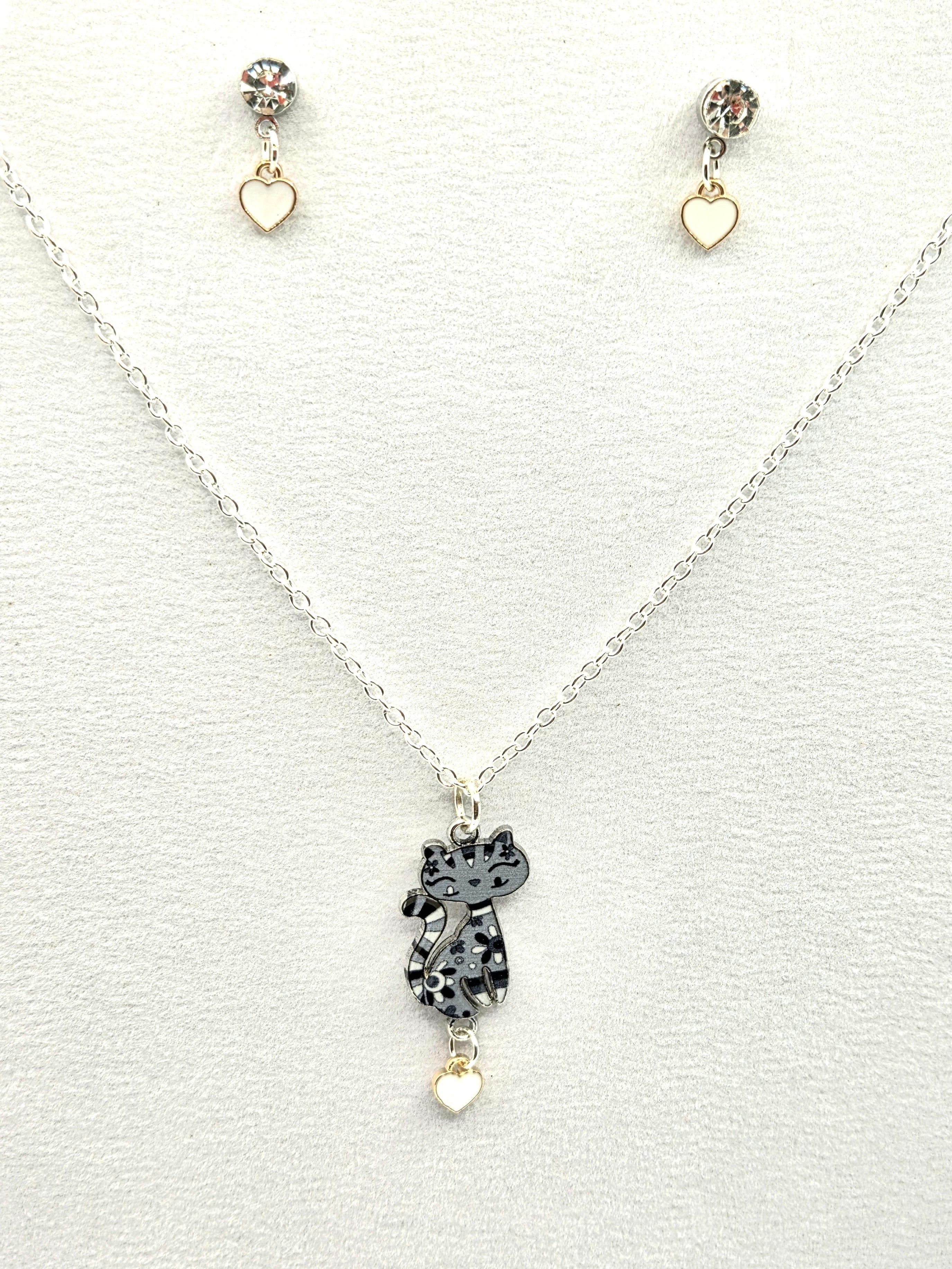 JUST FOR FUN BUNDLE: Cute Savannah Cartoon Cat Necklace & Earrings